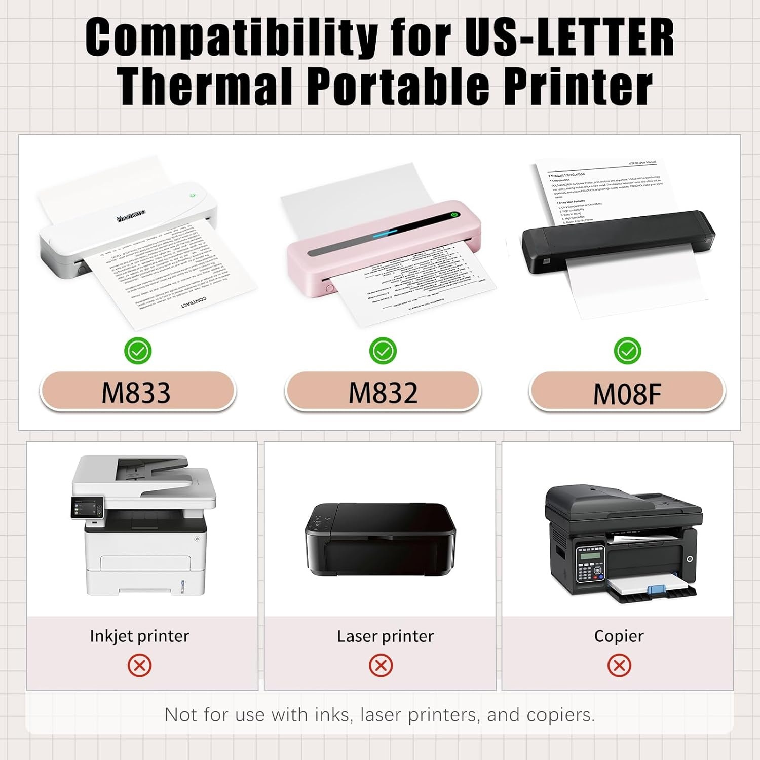 Phomemo Letter Thermal Paper, Letter Size Paper,Inkless Portable Printer for Travel Paper for M08F-Letter,M08F M832,M833 M834 M835 Portable Thermal Printer, Size 8.5"&times;11&rdquo;, 200 Sheets image number 3