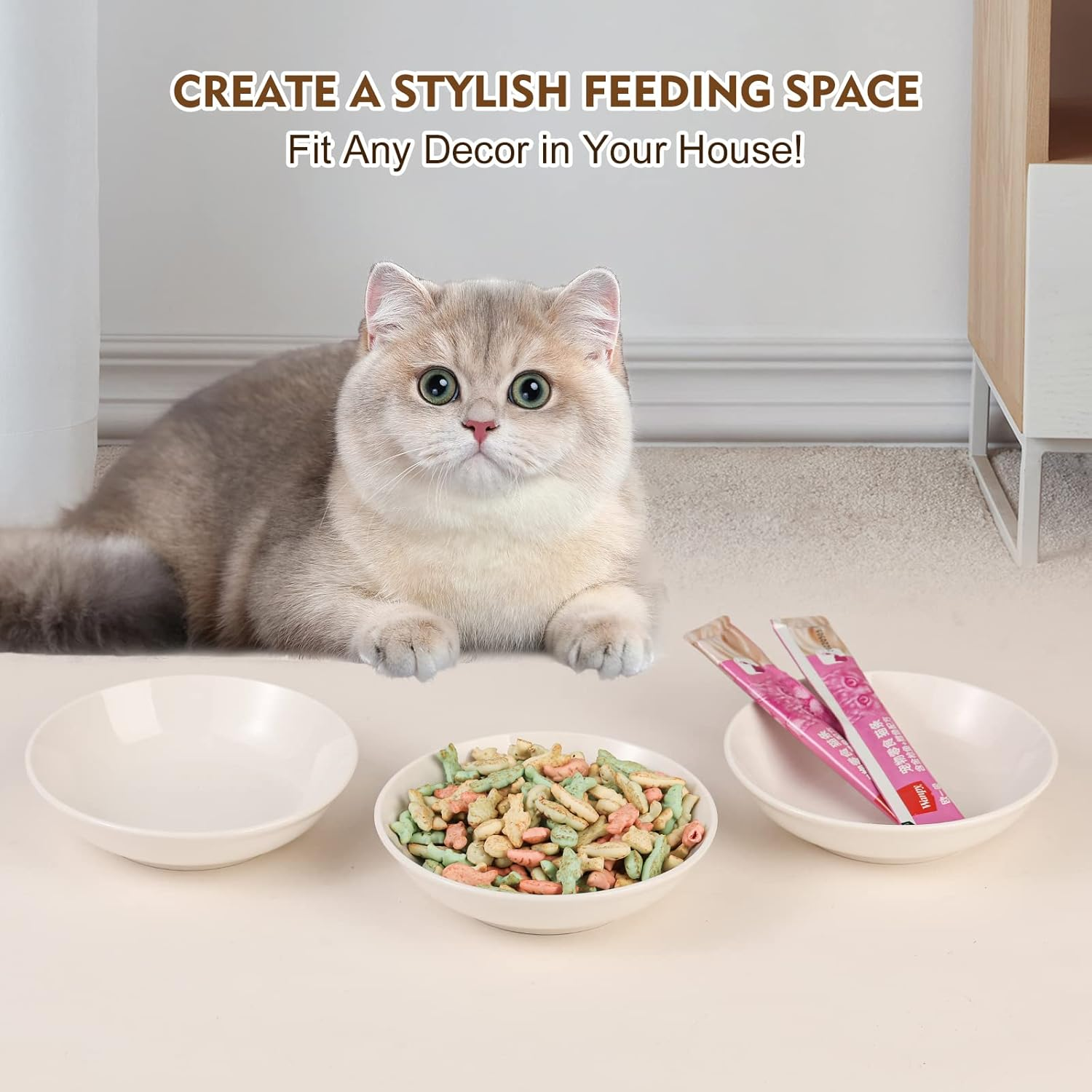 Ceramic Cat Food Bowl Set - Wide Shallow Cat Bowl for Whisker Fatigue Relief - Cute Cat Feeding Bowls - Flat Cat Dish - Cat Plates - Microwave and Dishwasher Safe - 6 Pack - 8.5 Oz - 5.75 Inch - White - Single Color image number 1