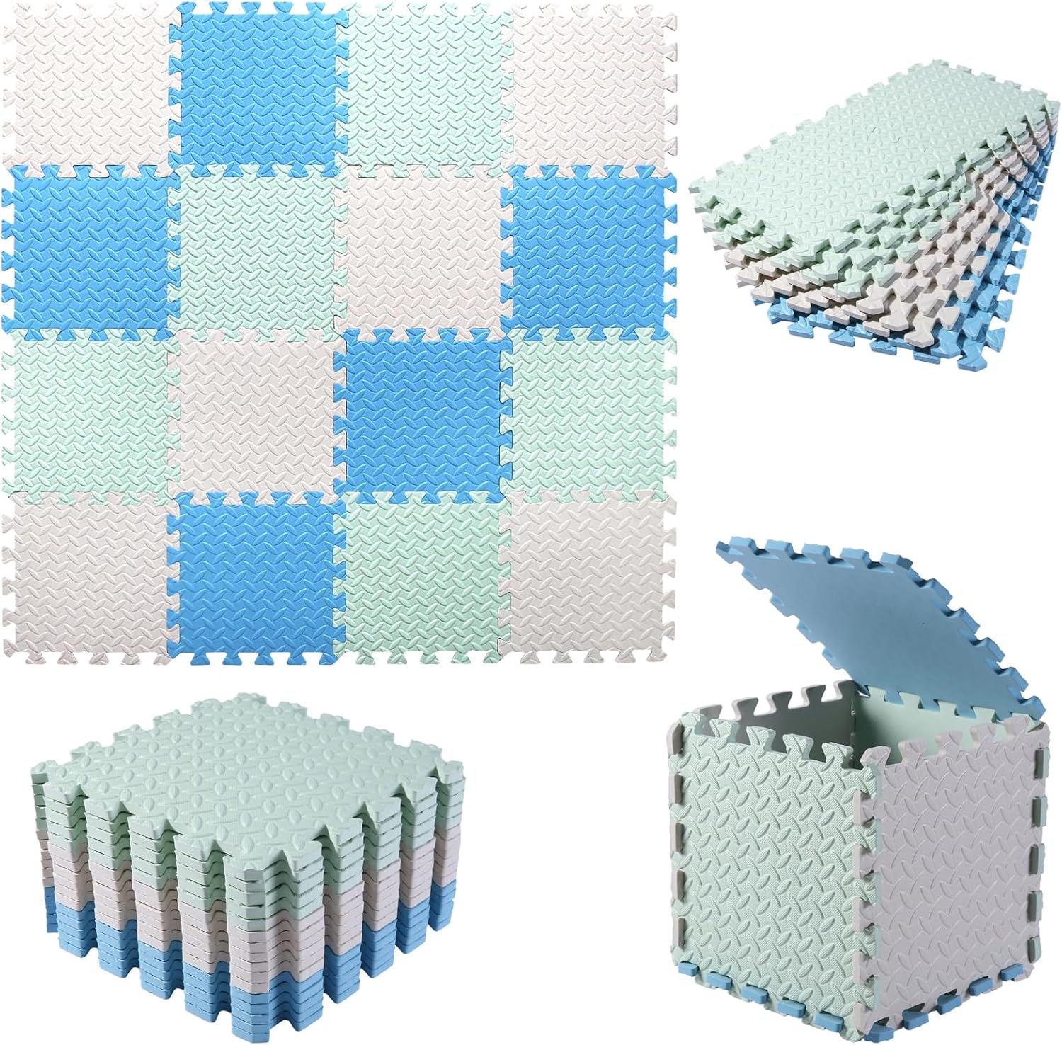 Foam Play Mat for Baby, EVA Soft Non-Toxic Baby Playmat, Interlocking Floor Mats, Solid Colored Foam Puzzled Floor Mats, Baby Play Mat Exercise Mats, 16 Tiles(White/Green/Light Blue) image number 6