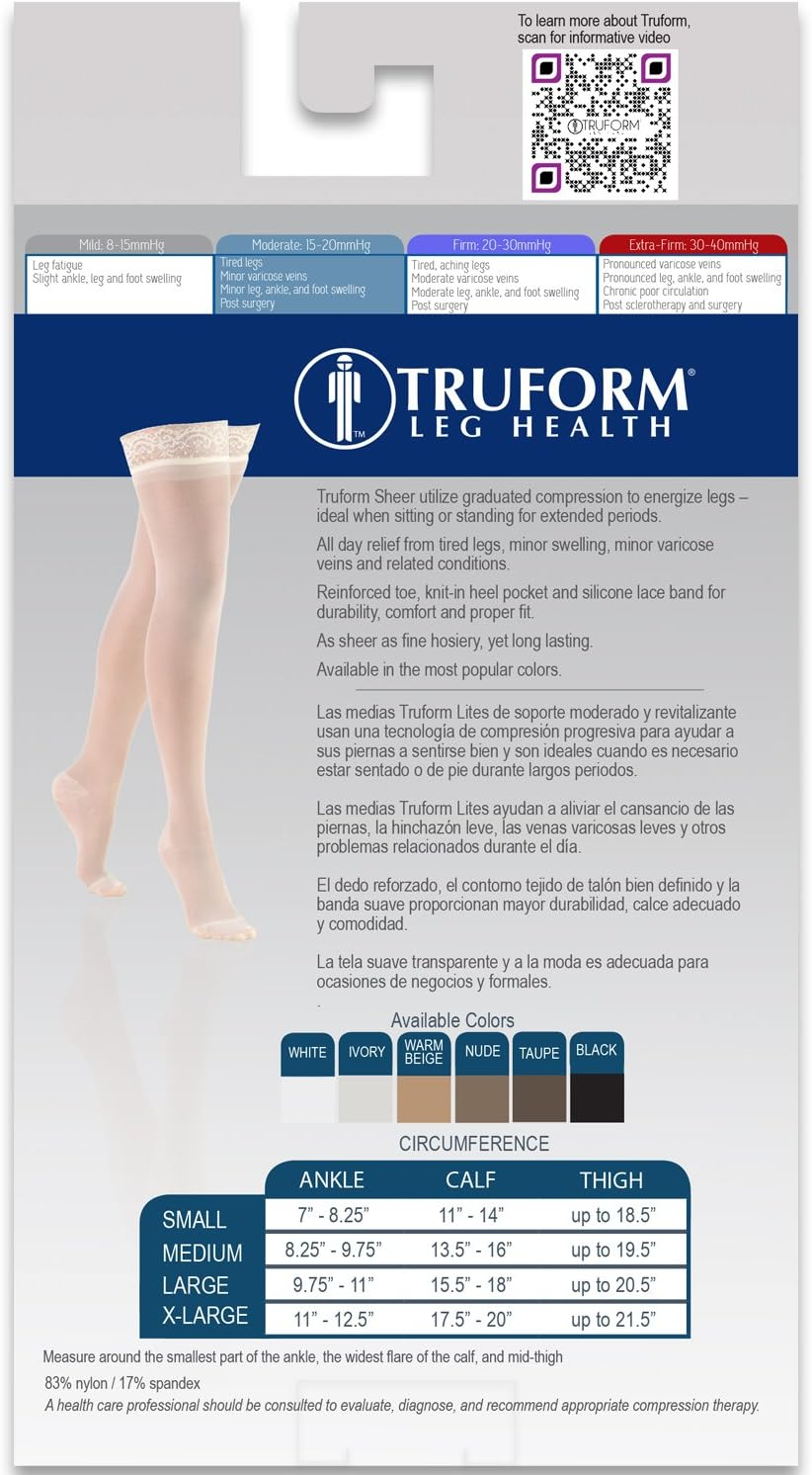 Truform Sheer Compression Stockings, 15-20 Mmhg, Women'S Thigh High Length, 20 Denier, Beige, Medium image number 1