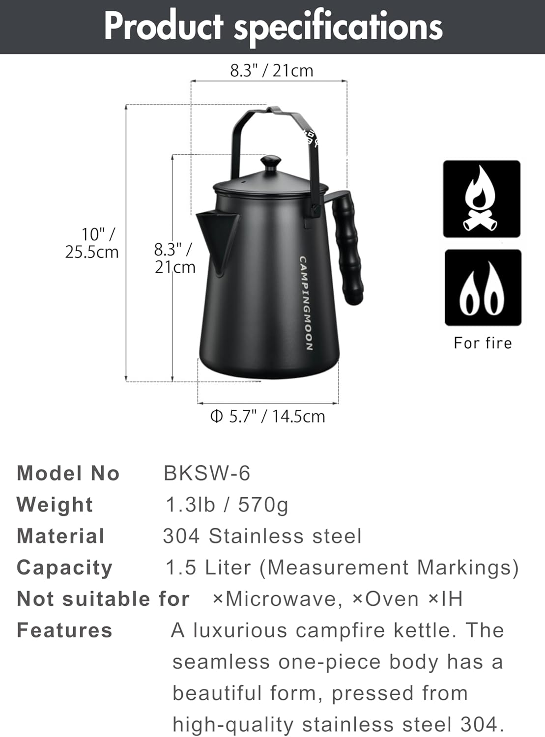 CAMPINGMOON 1.5L Campfire Kettle Stainless Steel Camping Kettle Black BKSW-6 image number 4
