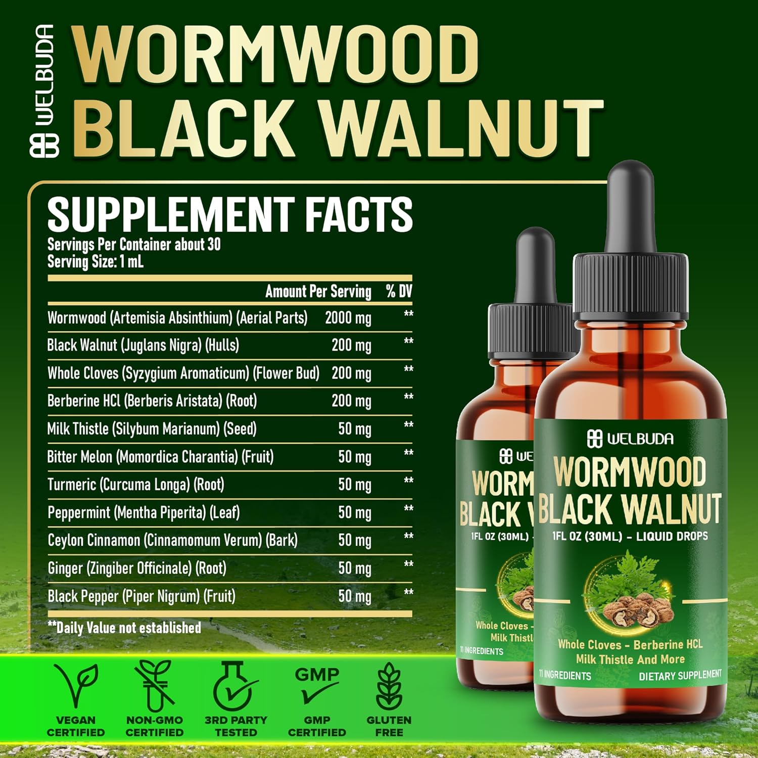 11In1 Wormwood Supplement with Cloves, Black Walnut, Berberine, Turmeric, Ginger, Milk Thistle, Wormwood and More &ndash; 2 Pack (60Ml Total) for 60Days image number 4