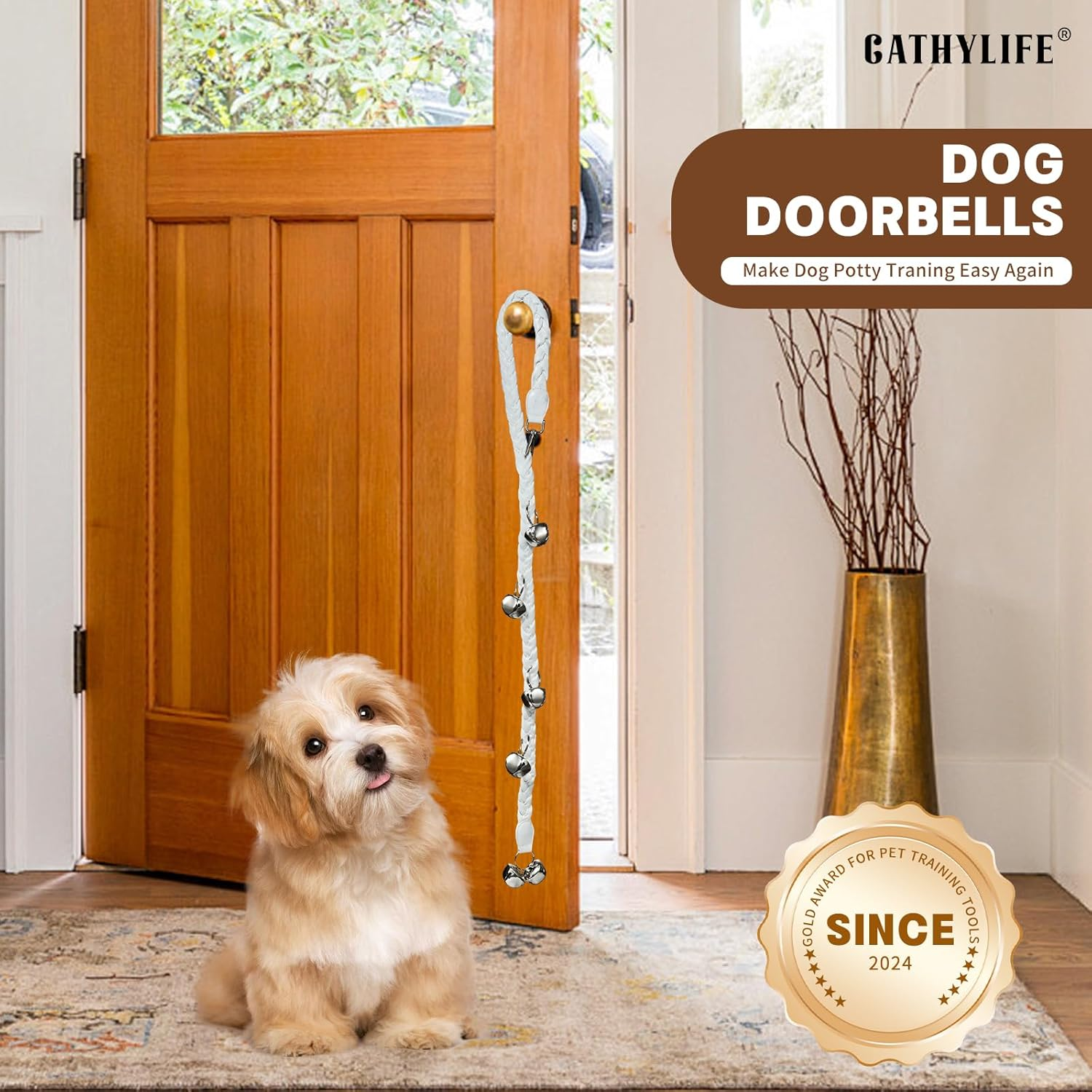 Dog Doorbells for Potty Training, Poly Urethane Puppy Door Bells, Hand-Woven Dog Bells for Dog Training, Extra Loud Bells for Door Knob, Ring to Go outside Doggie Pet Supplies. (White) - White image number 2