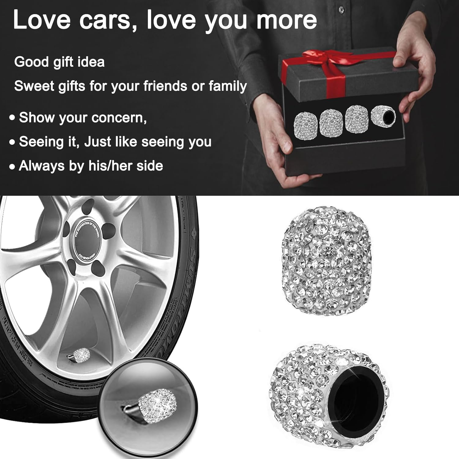 Bling Tire Valve Stem Caps 4 Pack Crystal Tire Caps Shinny Rhinestone for Women, Wheel Tire Valve, Car Accessories Universal for Cars, Trucks, SUV and Motorcycles-White image number 4