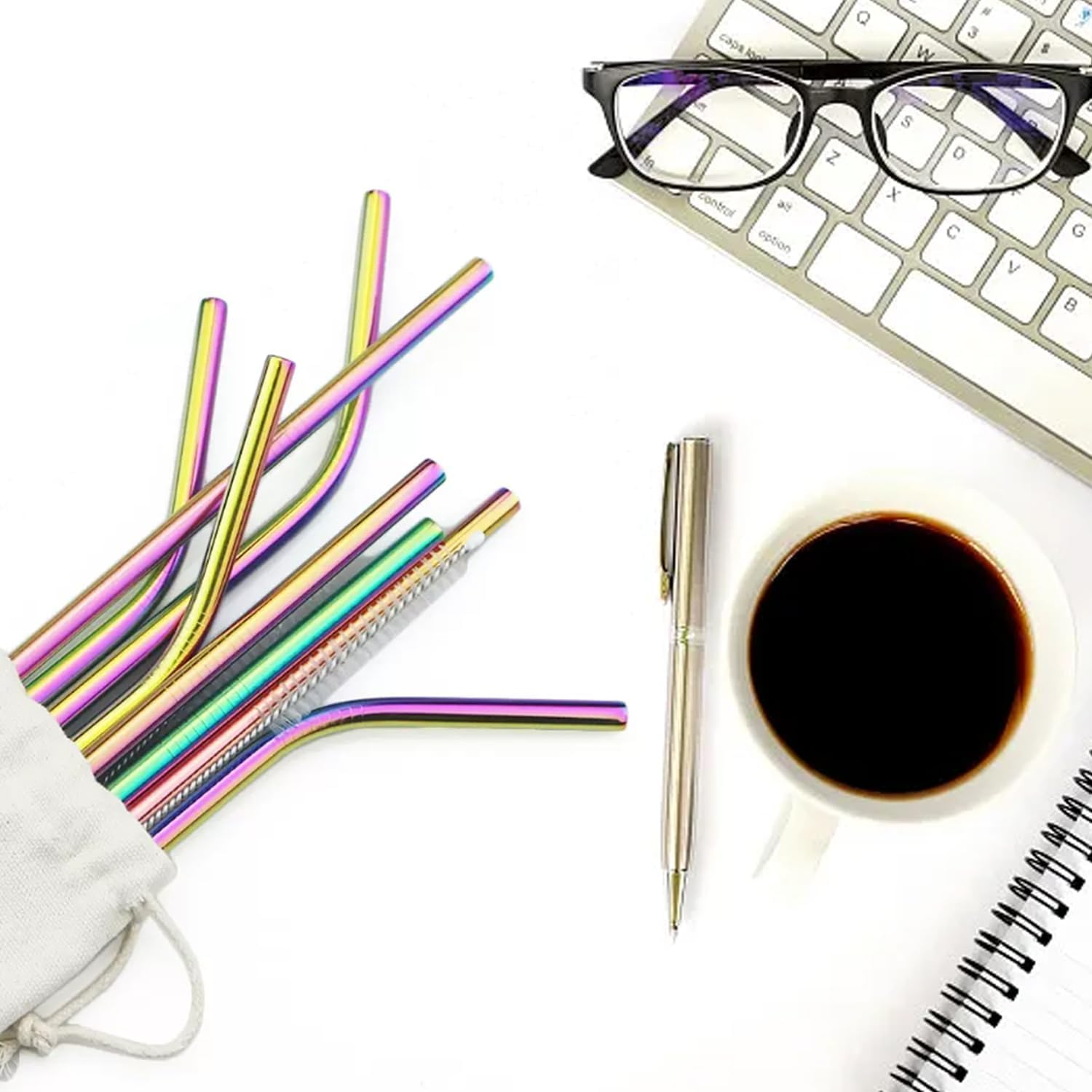 U10SIL 10-Pack Reusable Stainless Steel Straws Set with 2 Brushes & Case - Bent & Straight Long Metal Drinking Straws, Dishwasher Safe, Eco Friendly Rainbow Straws for Home, Party, Travel (Rainbow) image number 4