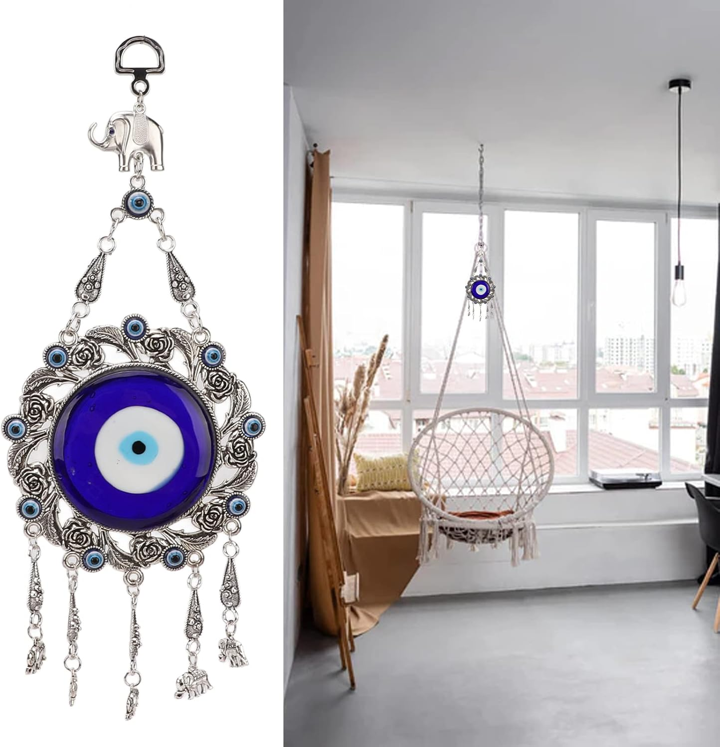 Turkish Glass Blue Evil Eye Wall Hanging Ornament, Hollow Flowers Wall Hanging Amulet, Delicate Blue Glass Metal Home Decor, Evil Eye Decor for Good Luck in the Office, Living Room, Bedroom(2#) image number 3
