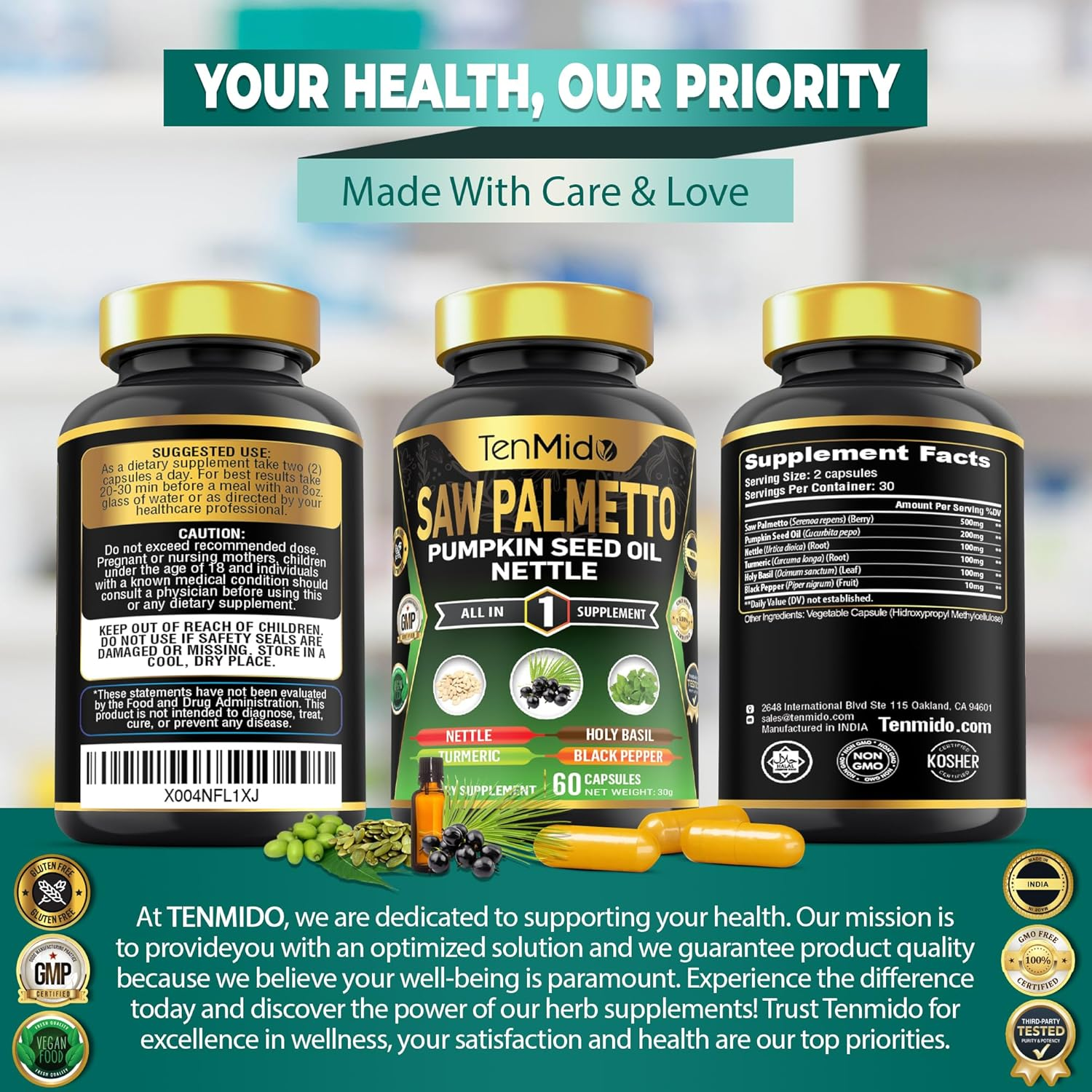 Saw Palmetto Supplement - 6In1 Blend with Pumpkin Seed Oil, Stinging Nettle, Turmeric, Holy Basil & Black Pepper - 60 Vegan & Non-Gmo Capsules image number 5