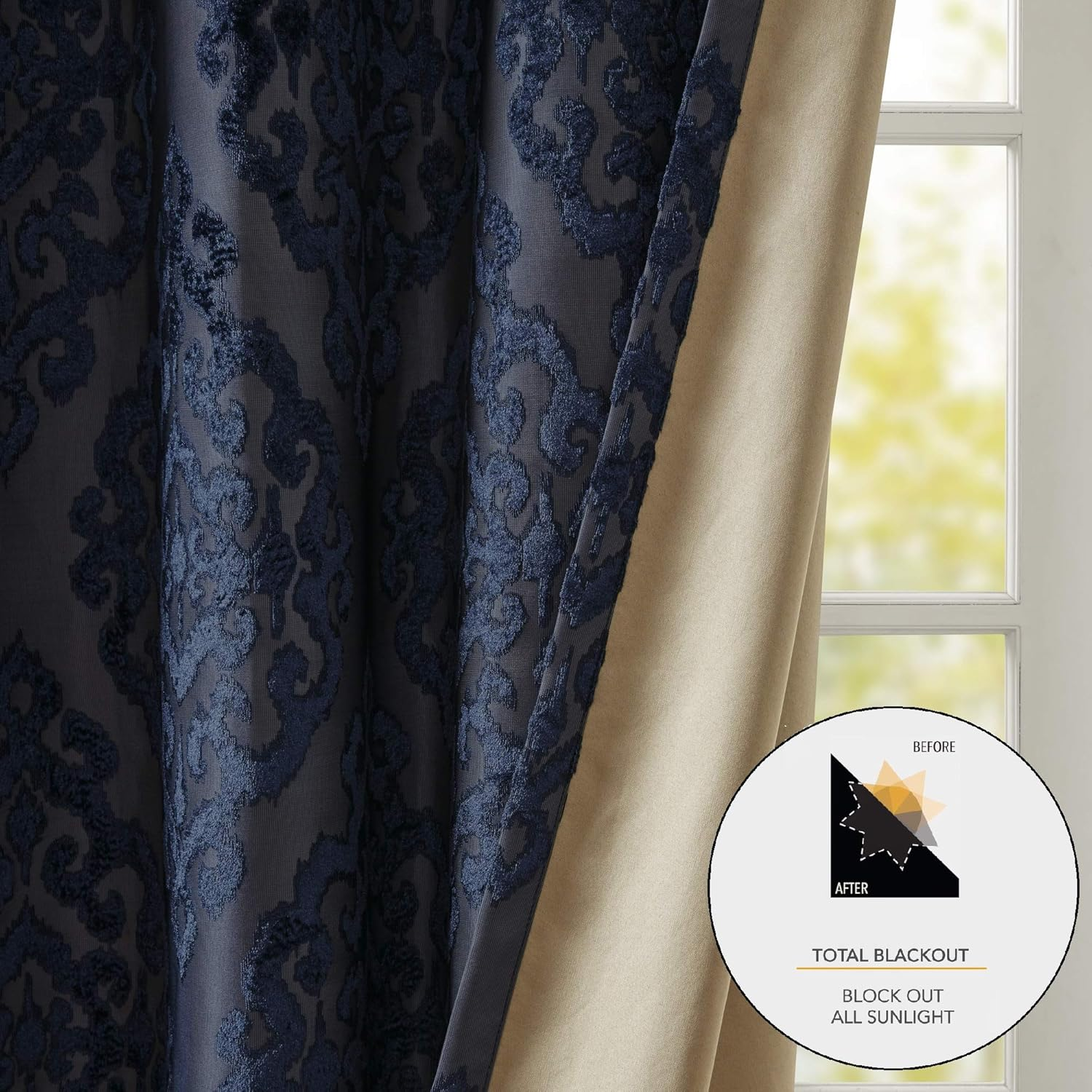 Sun Smart Mirage 100% Total Blackout Window, Knitted Jacquard Damask Room Darkening Curtains Panel with Grommet Top, 50X84, Navy image number 2