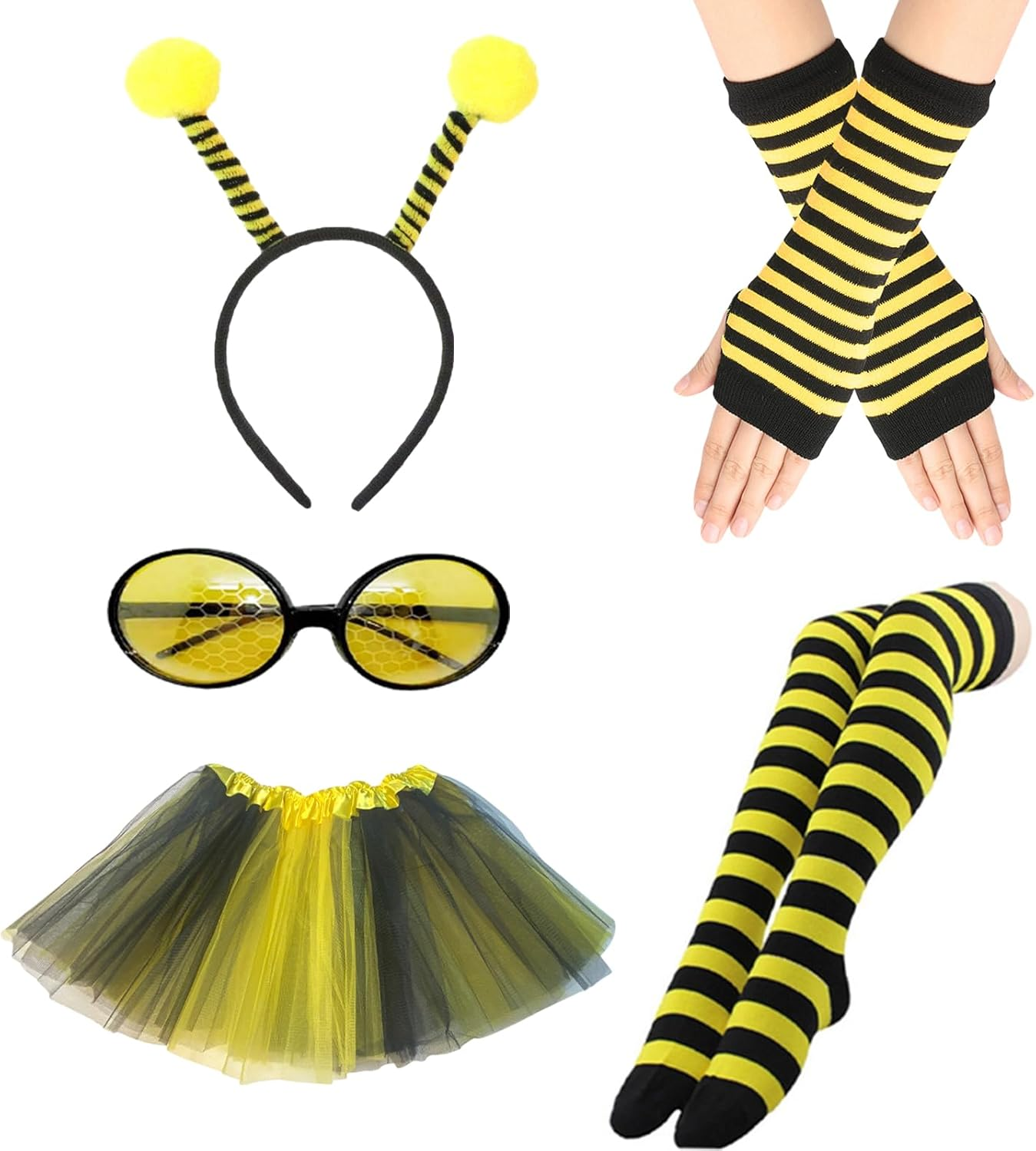 Homiliky 7 Pcs Bee Costume Set for Adults Bumble Bee Fancy Dress Set Including Sunglasses Headband Leg Sleeves Long Gloves Bee Dress for Role Play Cosplay Dress up Party