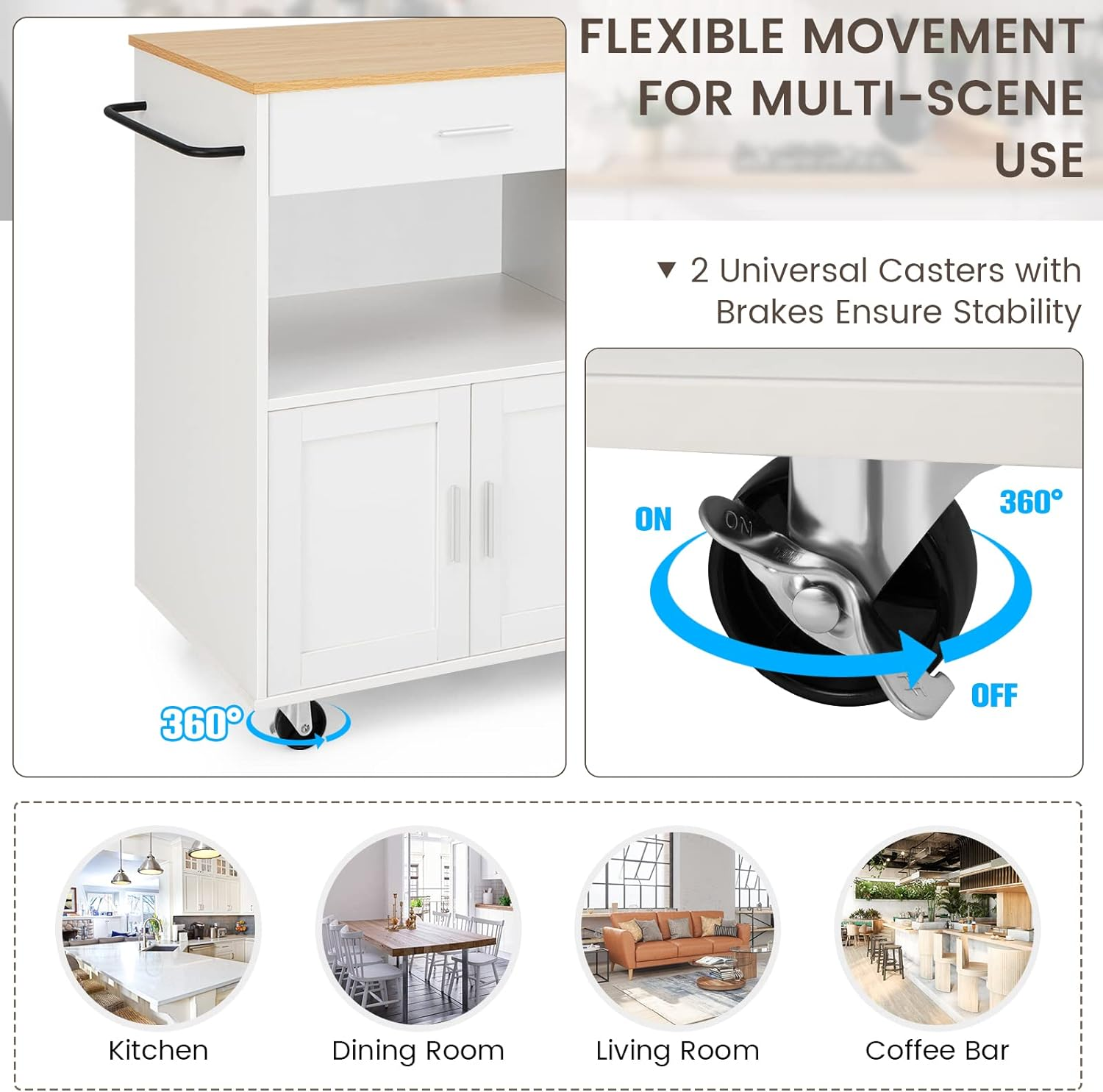 Giantex Kitchen Island Cart, Rolling Kitchen Serving Trolley W/Drawer, Spice Racks, Open Shelf, Towel Rack, Large Cabinet & 2 Lockable Casters, Utility Storage Cart, Mobile Storage Serving Cart, White - White image number 6