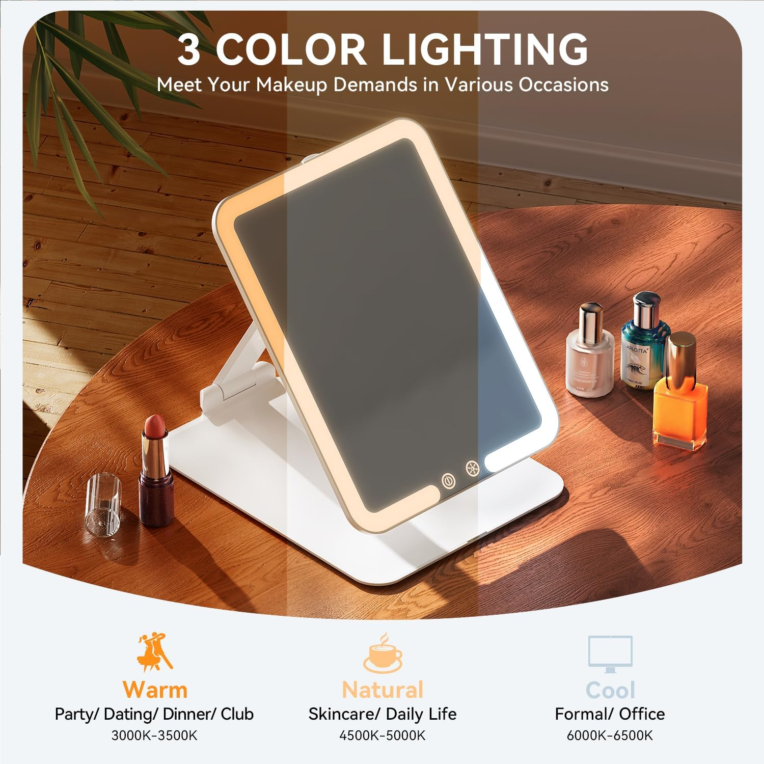 Auxmir Foldable Makeup Mirror with 3 Dimmable Color Lights, USB Rechargeable Lighted Vanity Mirror with Touch Screen, Compact & Portable Ultrathin Desk Beauty Mirror for Travel Daily Business image number 3