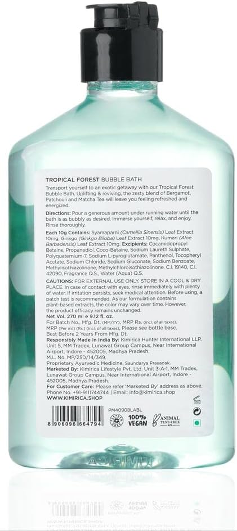Kimirica Tropical Forest Bubble Bath, 100% Vegan and Paraben Free with Goodness of Ginkgo Biloba & White Tea Extracts, Pro-Vitamin B5, Aloe Vera & Vitamin E | 270 Ml image number 2