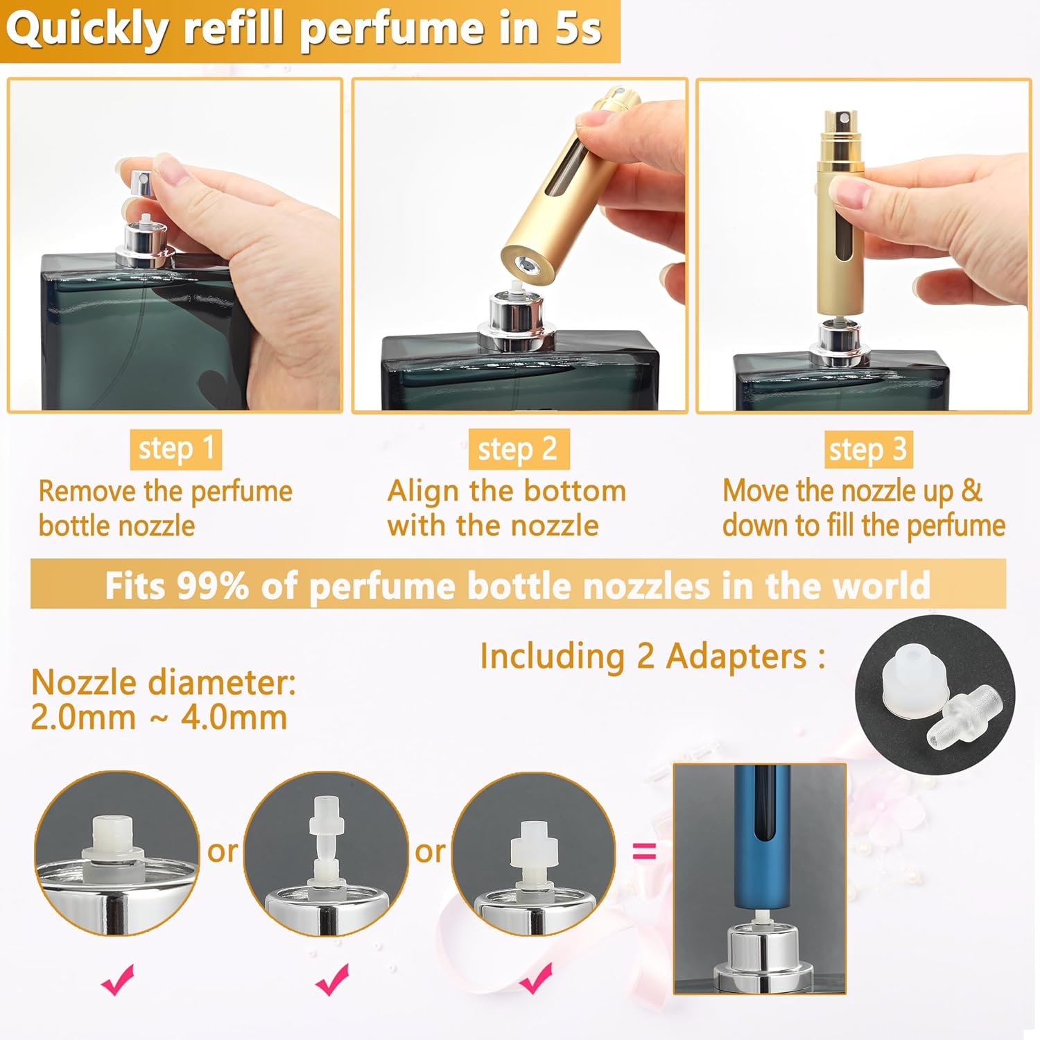 Travel Perfume Bottle Refillable Atomizer - 3-Pack 5ML ANTOKX Perfume Atomiser, Pocket Perfume Dispenser, Perfume Bottles Empty, Leakproof Perfume Sprayer for Women and Men (Black & Grey & Gold)