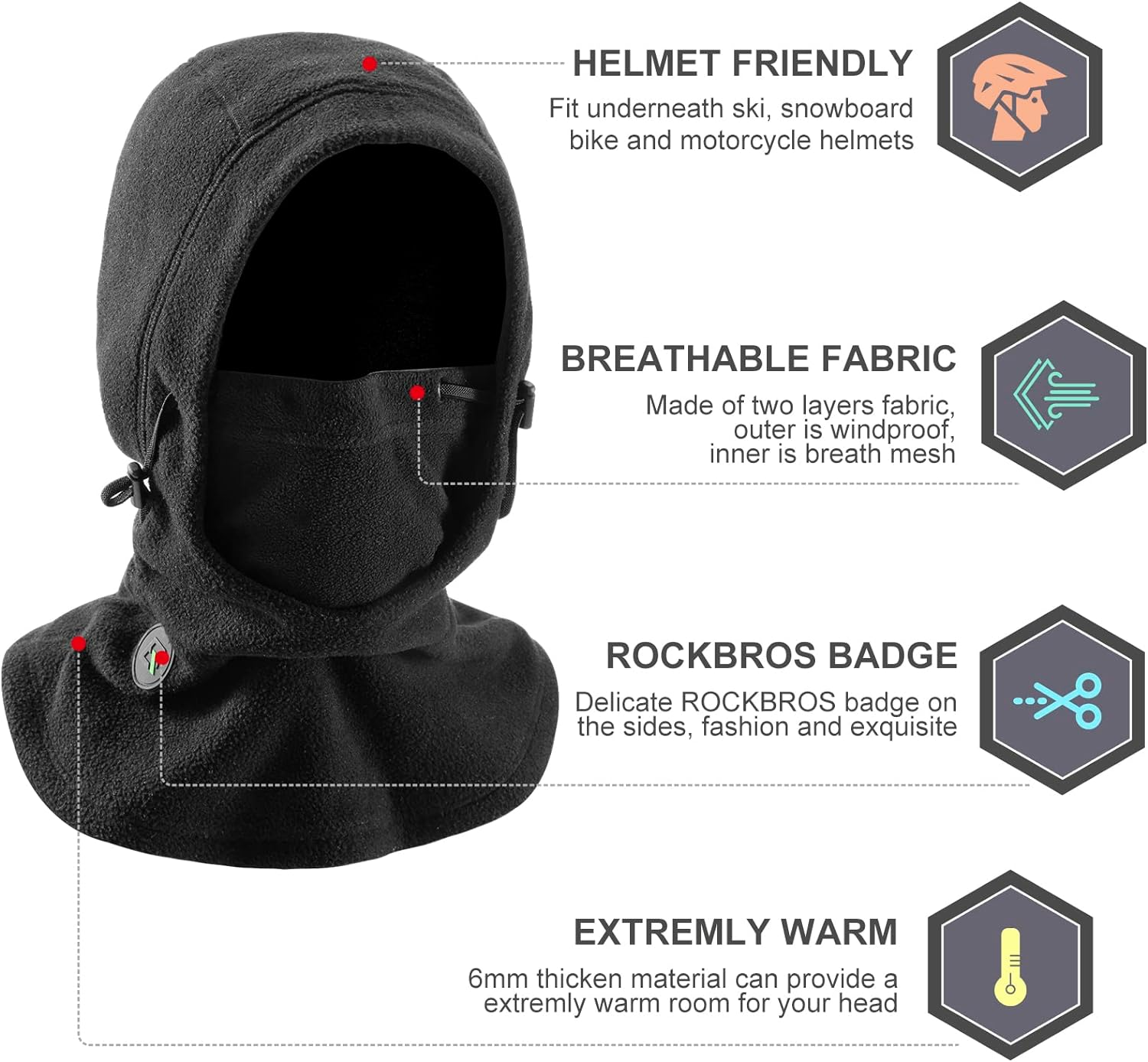 ROCKBROS Ski Mask Thermal Fleece Balaclava Ski Face Mask for Cold Weather Winter Full Face Protective Headgear for Men Women Black image number 3