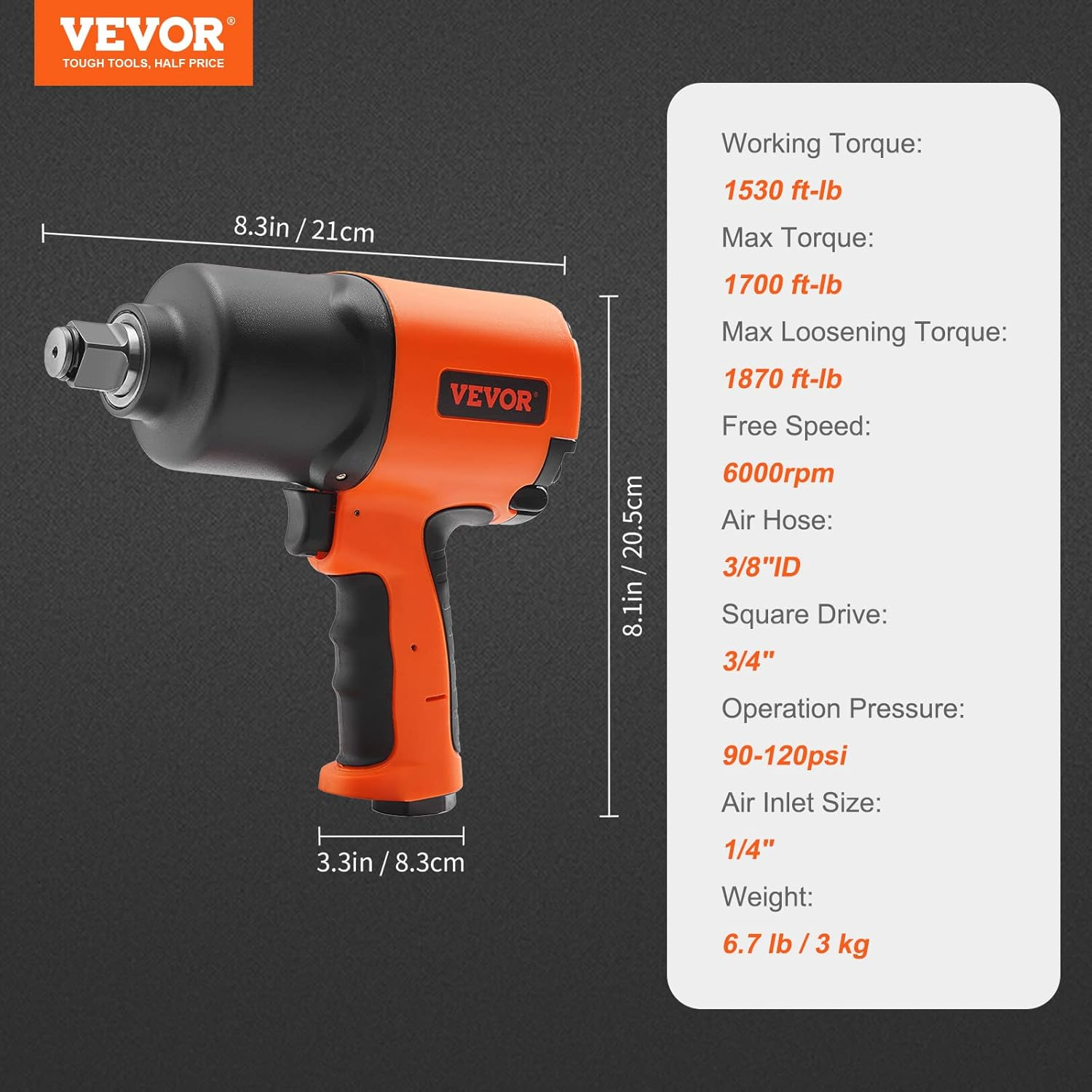 VEVOR Air Impact Wrench, 3/4-Inch Drive Air Impact Gun, up to 1870Ft-Lbs Nut-Busting Torque, Composite Pneumatic Impact Wrench for Auto Repairs and Maintenance Heavy Duty