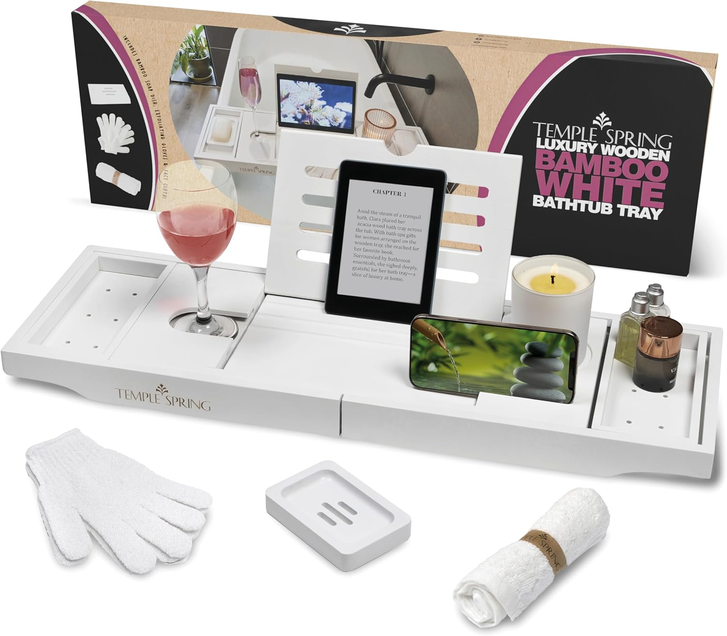 Temple Spring Wooden Bath Tray, Bath Shelf Bathroom Accessory, Home Spa Boards for Adults, Bathtub Caddy, Bamboo Bathroom Accessories Set, Extendable Bathtub Rack with Ipad & Phone Holder - White - Brown image number 7