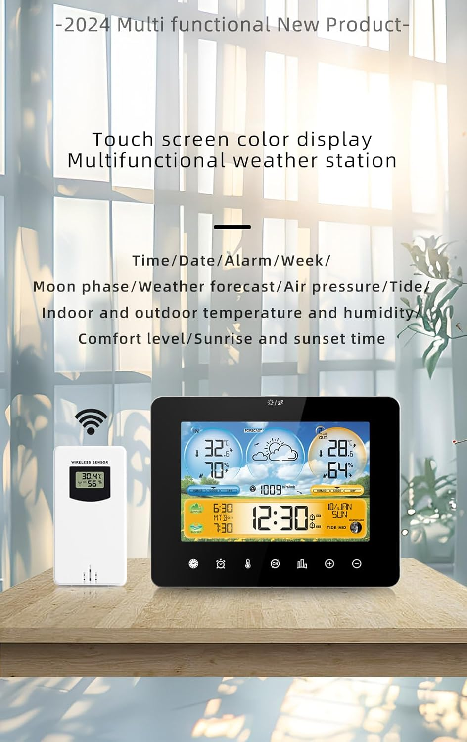 Weather Station Indoor Outdoor Thermometer with Remote Sensors and Touch Color Screen Weather Thermometer Forecast Station with Sunrise Sunset Time and Tide Level image number 6