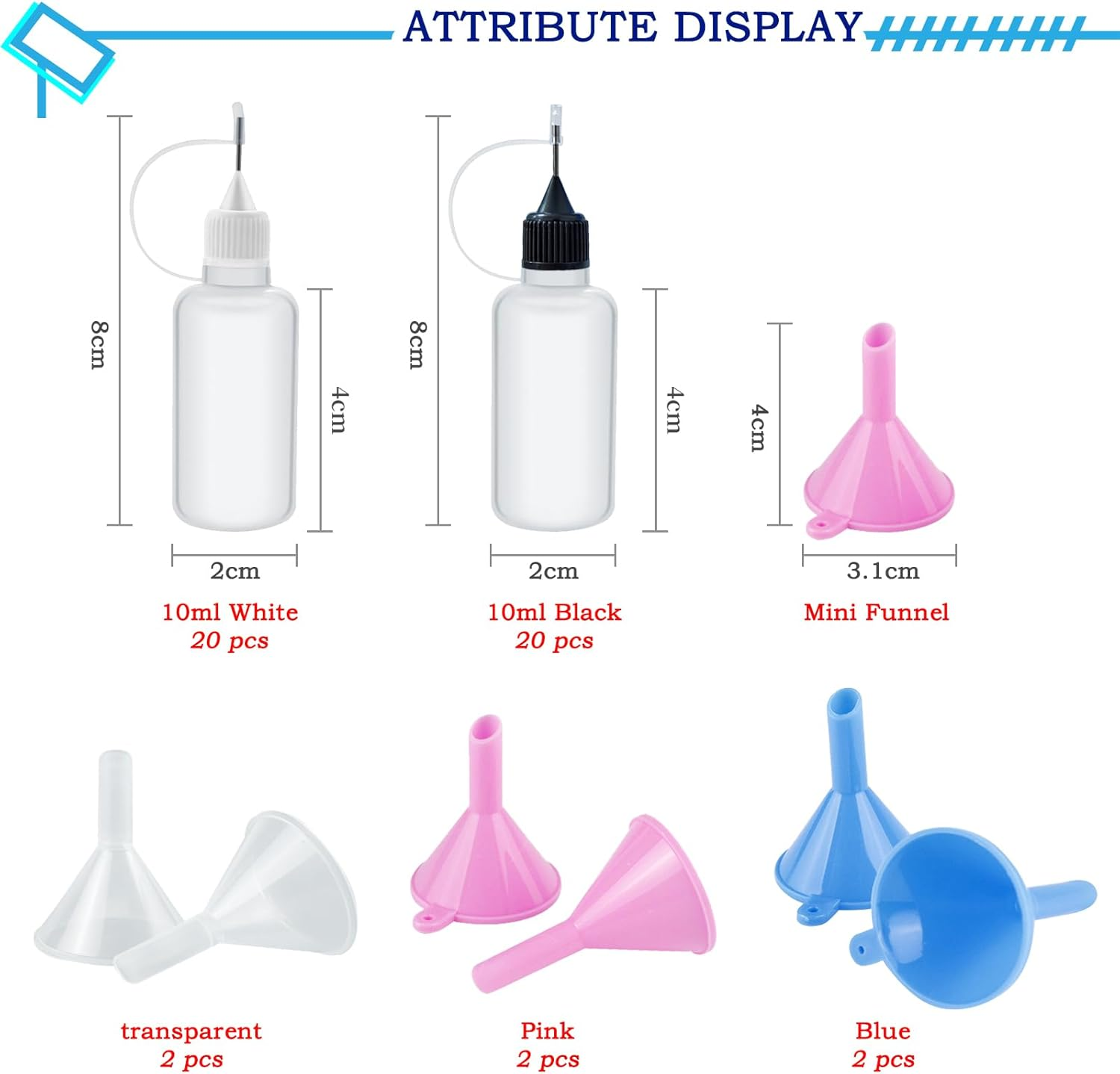 TTYSHIP Pack of 40 Needle Bottles, Plastic Applicator Bottles, Precision Tip Applicator Bottles, with 6 Funnels, Small, for Crafts, Oils, Glues, Paints and Alcohol Inks (10 Ml) image number 6