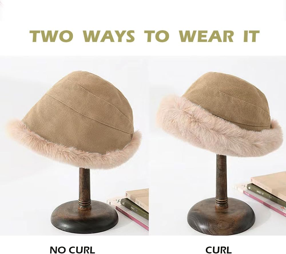 Plush Fuzzy Bucket Hat for Women Warm Fluffy Faux Fur Fisherman Cap Winter Ski Outdoor Windproof Warm Fleece Lining Hat - Black image number 7