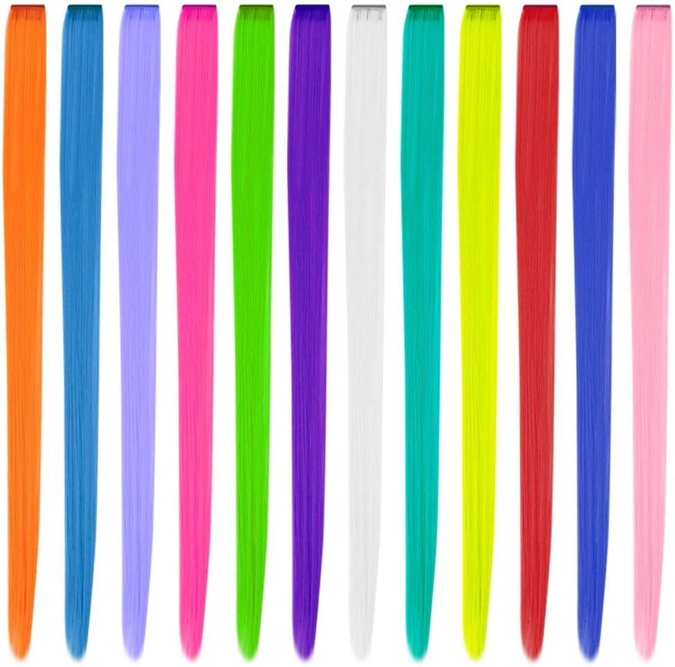 12 Pcs Colored Party Highlights Colorful Clip in Hair Extensions 22 Inch Straight Synthetic Hairpieces for Women Kids Girls, Rainbow image number 1