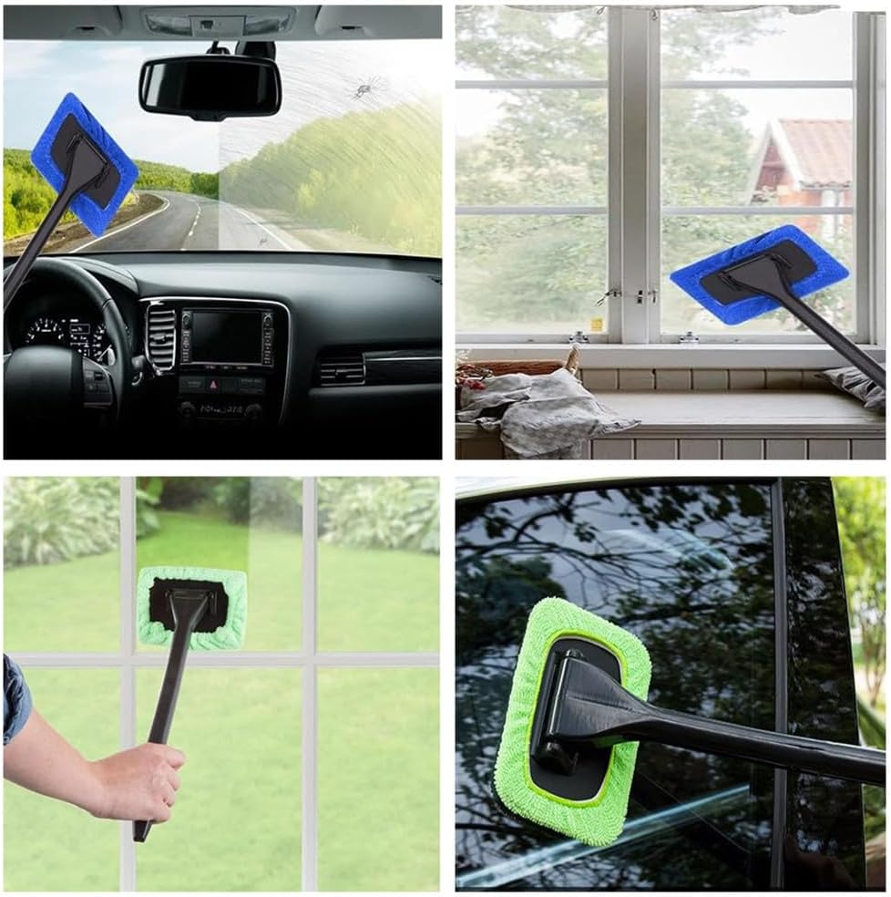 Car Windshield Cleaner, Microfiber Car Window Cleaning Tool, Car Windshield Cleaning Tool, Auto Window Cleaner, with 2 Detachable Handle, 10 Reusable Microfiber Pads image number 1