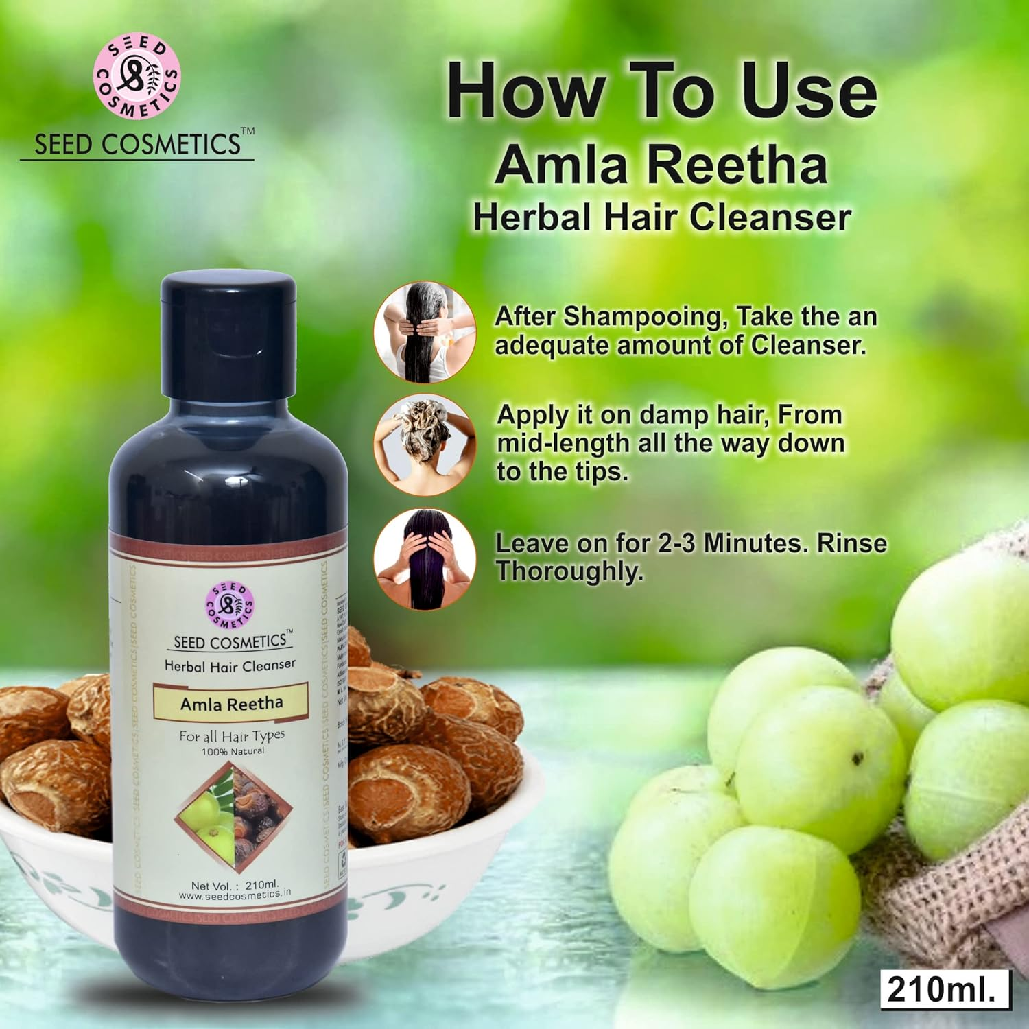 Seed Cosmetics Amla Reetha Herbal Hair Shampoo 100% Natural for Men and Women Pack of 4 (840Ml) image number 3