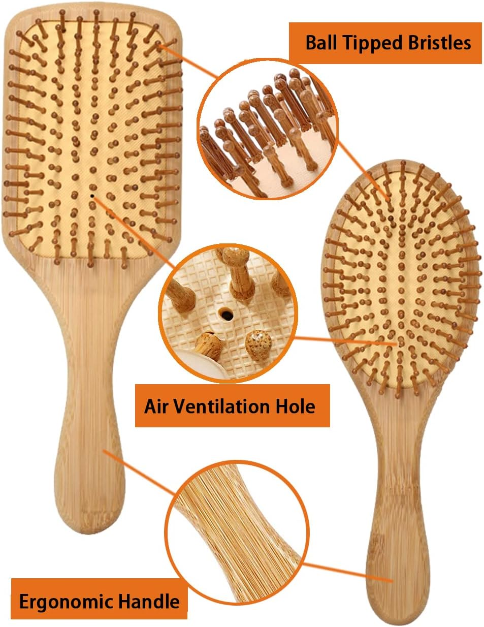 2 PCS Wooden Hair Brushes Combs with Air Cushion, Natural Wooden Hair Brushes for Scalp Massage Anti-Static, Hair Combs Set Bristle No Tangling Hairbrush for Straight Curly Wavy Hair (Rectangle+Oval) image number 1