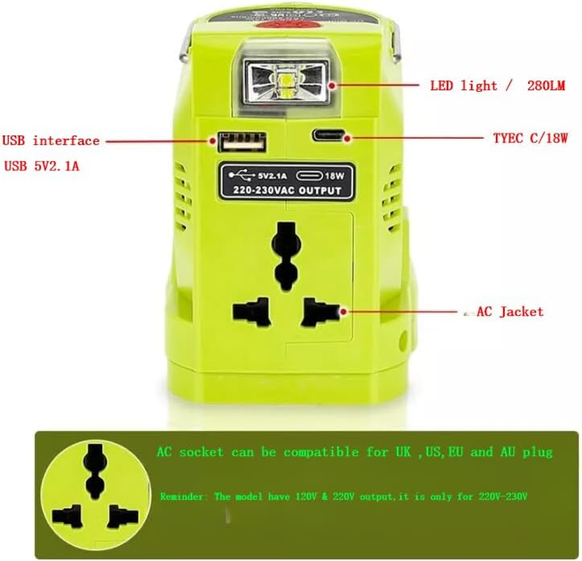 200W Power Inverter Compatible with Ryobi 18V Battery, DC 18V to 230V AC Outlet with USB-C & USB a Ports, Battery-Powered Generator/Charger Adapter Station (Compatible with RB18L50 RB18L40 RC18115) image number 1