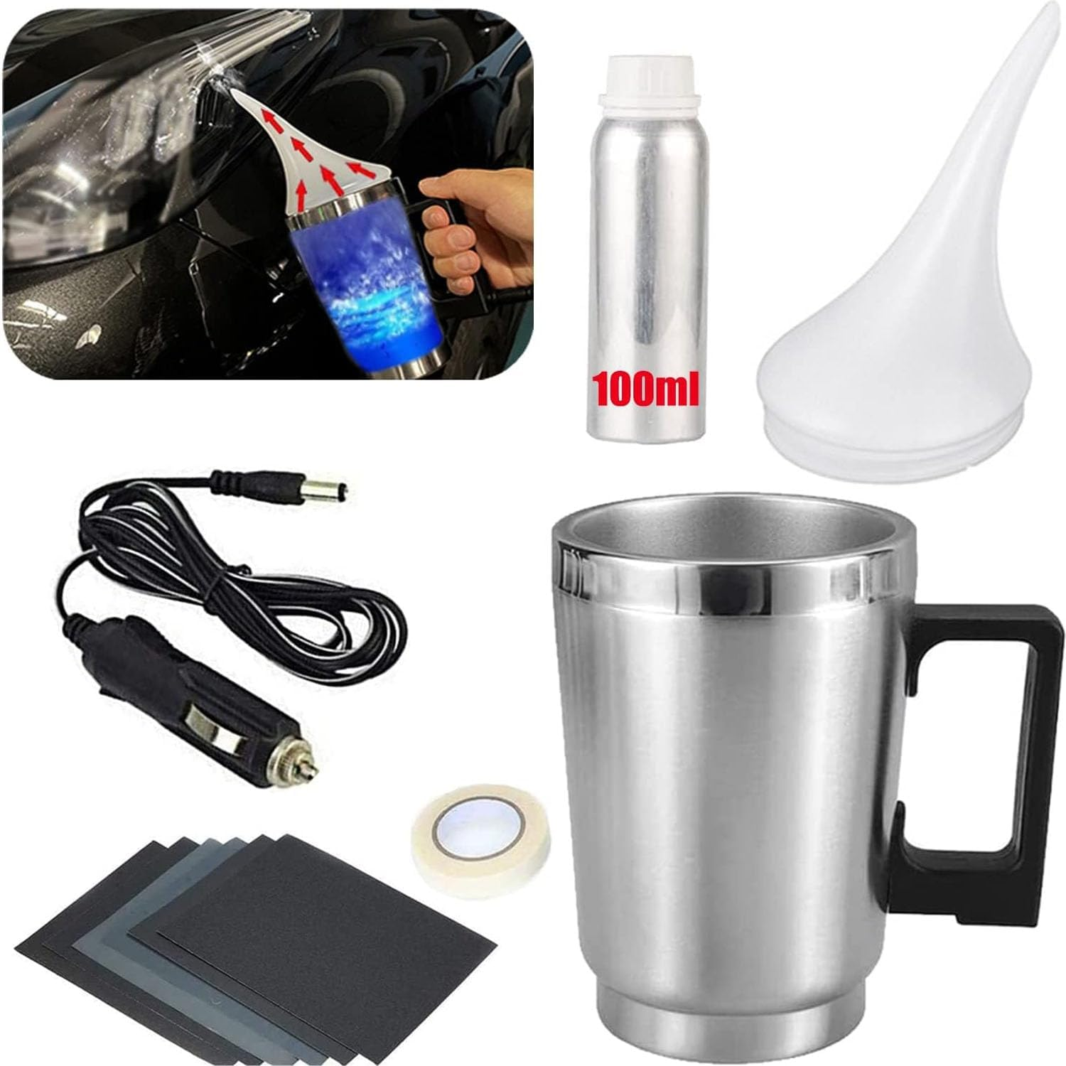Car Headlight Restoration Kit, Auto Headlight Lens Polish Repair Kit Atomizing Cup Headlight Vapor Renovation Tool with 100Ml Liquid for Repair of Scratch,Yellowed, Haze, Oxidized, Cracked Headlights image number 6