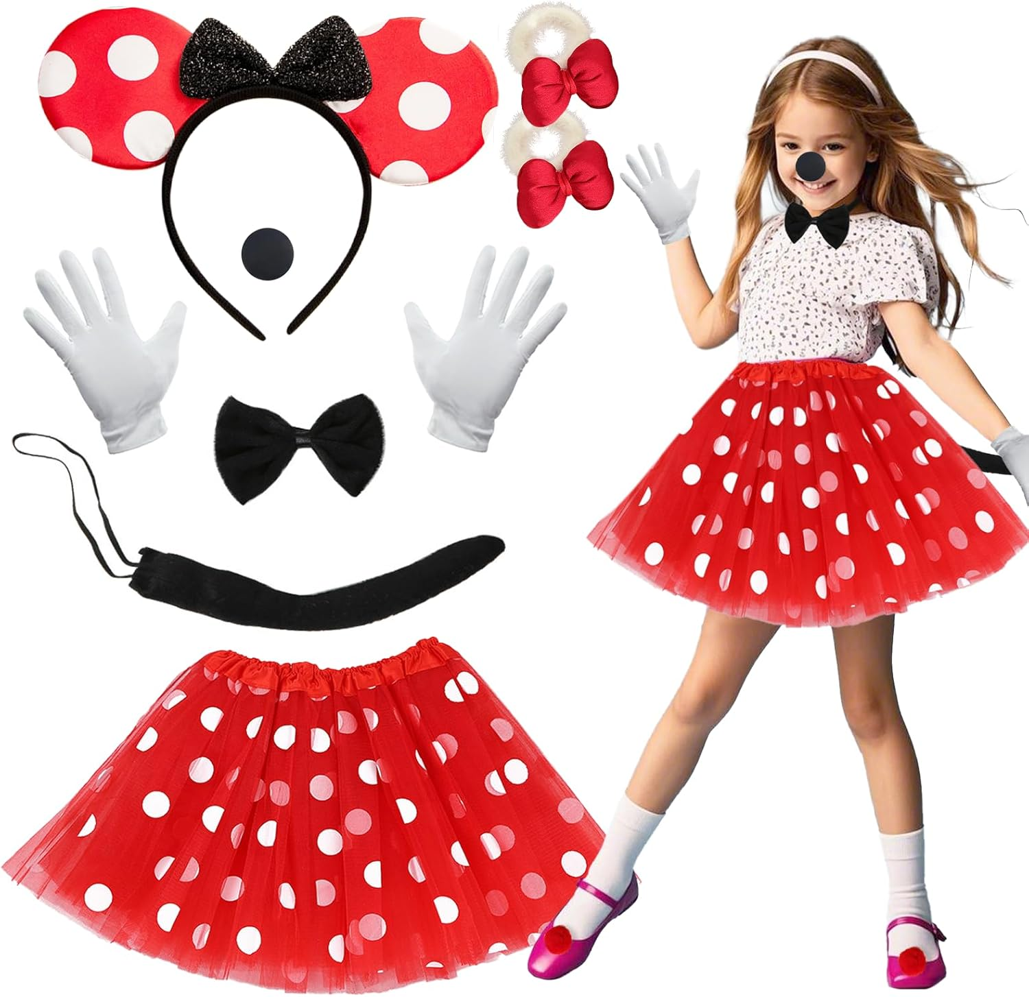 Mouse Costume Children, 7-Piece Girls' Mini Mouse Costume, Red Pink Tutu + Mouse Ears + Nose + Bow Tie + Tail + Gloves + Hair Ties, Children'S Costumes Girls Carnival Costume Children image number 1