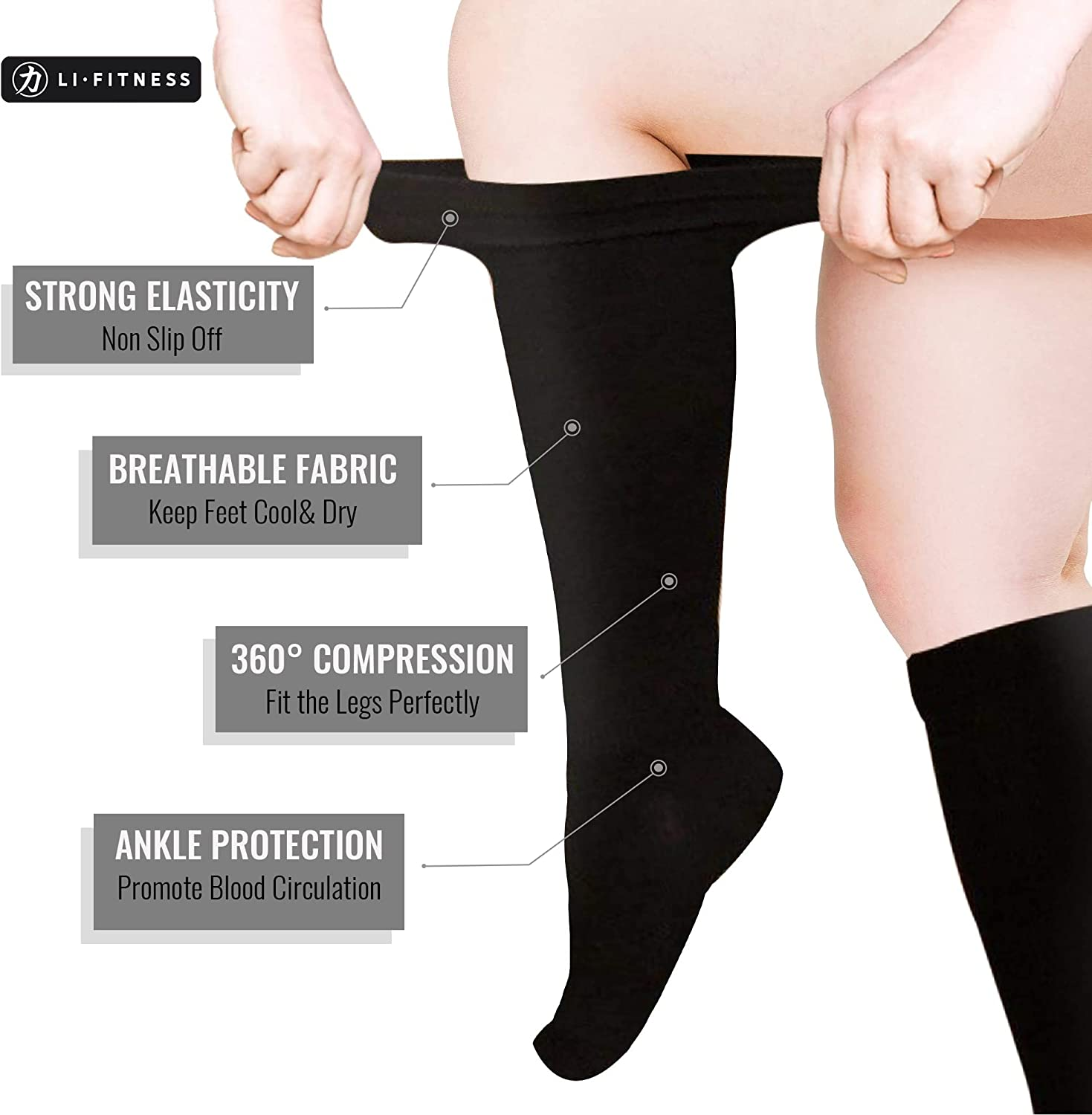 LI FITNESS Medical Compression Socks for Men Women 20-30Mmhg plus Size S-7XL Extra Wide Calf Open Toe Graduated Support Knee-High Compression Stockings for Pregnant Travel Sports Swelling Circulation image number 3