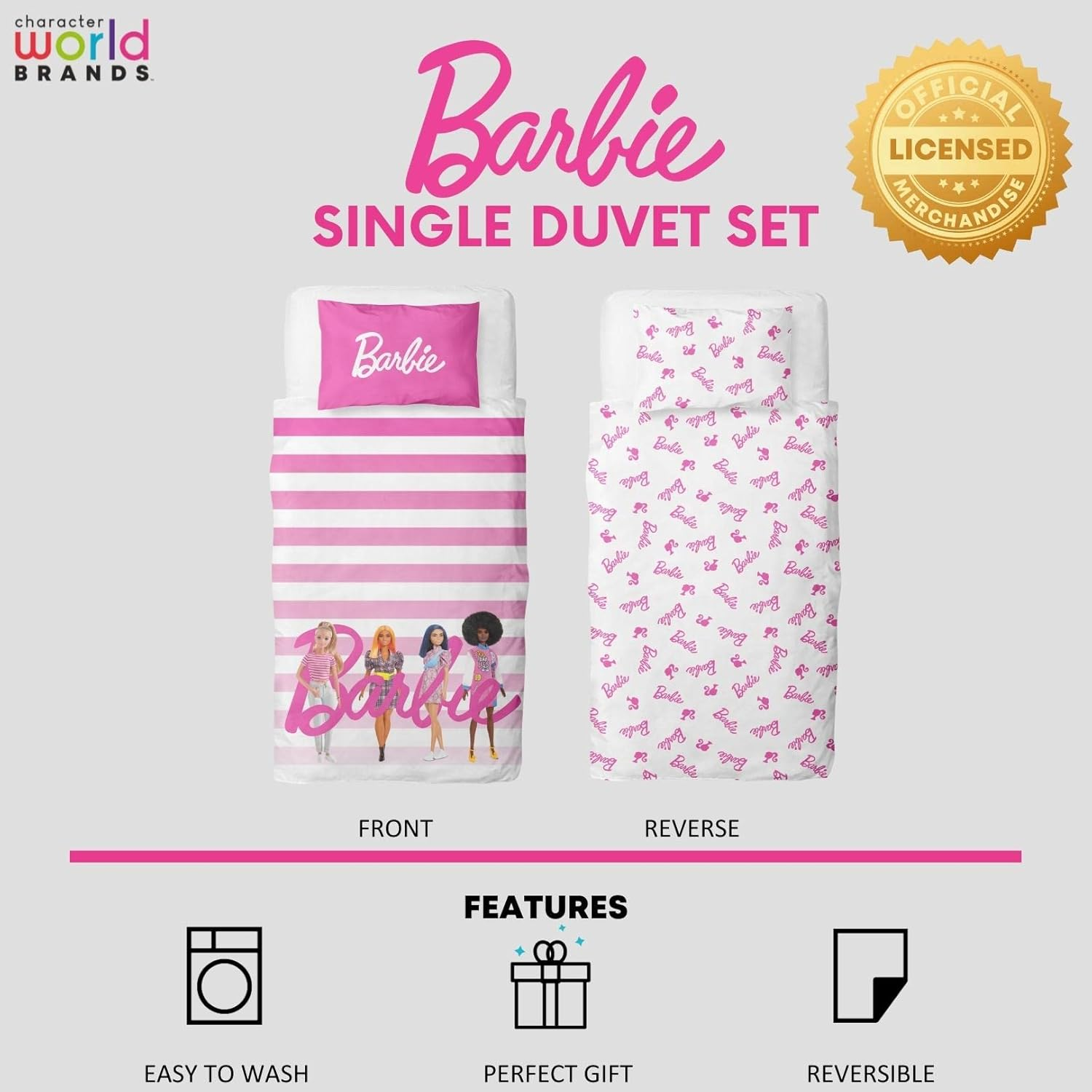Barbie Character World Official Single Childs Duvet Cover Set |Sweet Design Reversible 2 Sided Bedding Including Matching Pillow Case Brands Single Bed Set | Polycotton image number 4