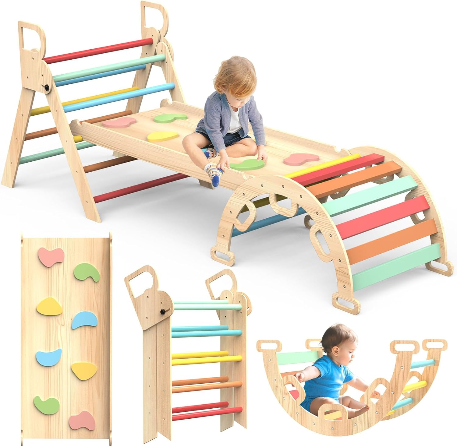Pikler Triangle Set, 7In1 Foldable Baby Montessori Climbing Toys, Wooden Climber Indoor Jungle Gym for Toddlers