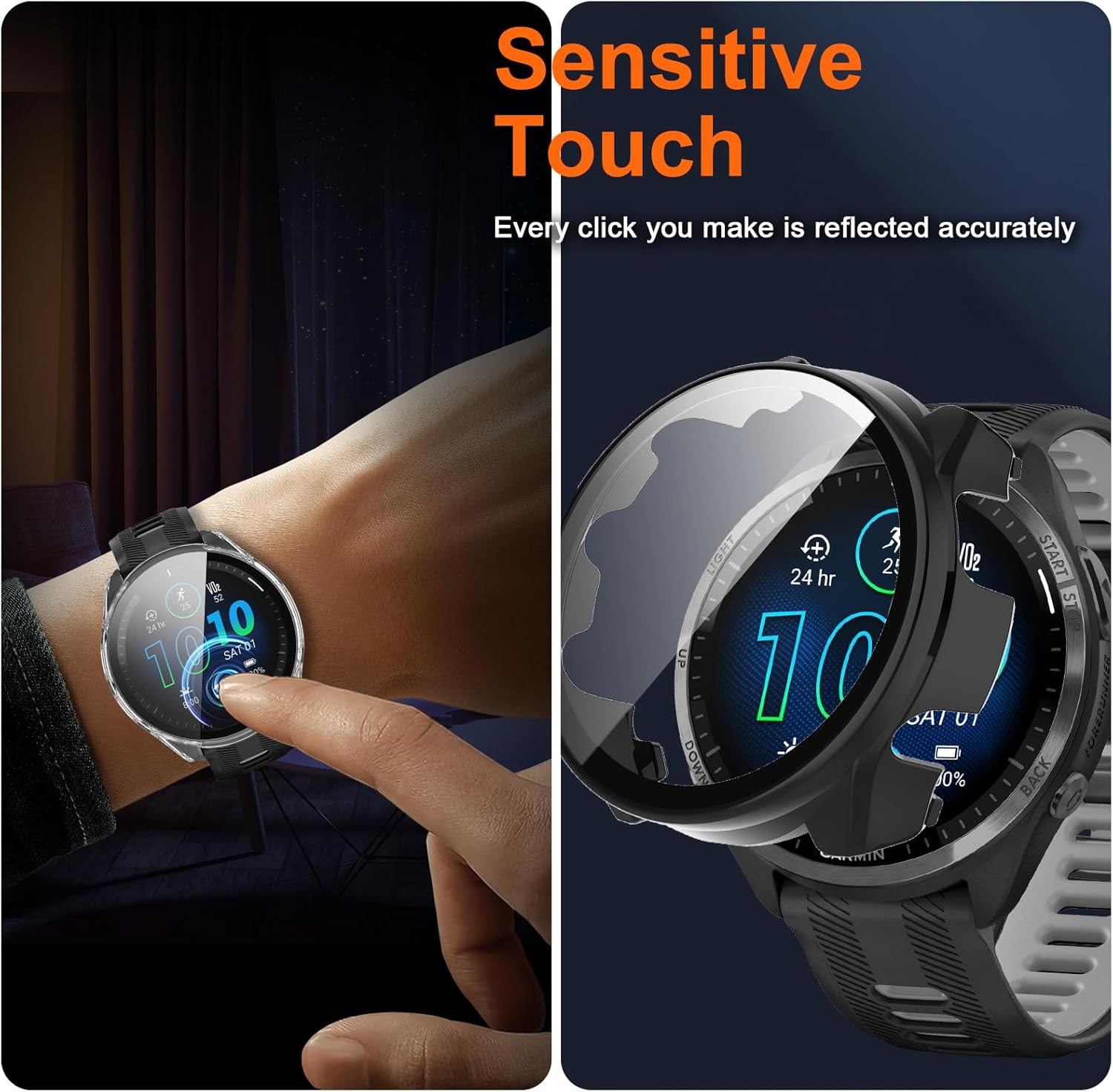 Vanrain Case for Garmin Forerunner 965, Pack of 2, 360&deg; All-Round PC Case with Protective Glass Bumper Full Cover Protective Case Black + Transparent image number 2