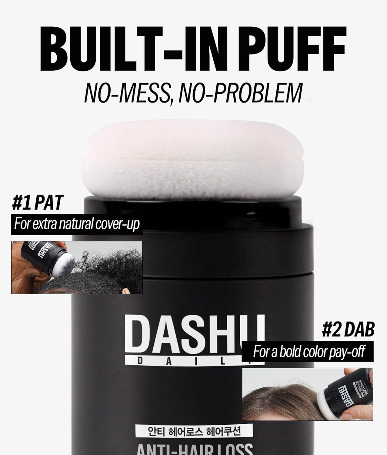 DASHU Daily Hair Cushion for Hair Fall | Hair Fibers for Thinning Hair Temporary Hair Color for Gray Hair Coverage Root Concealer Hairline Powder | Waterproof Bald Spot Cover up for Men 16G (Black) image number 2