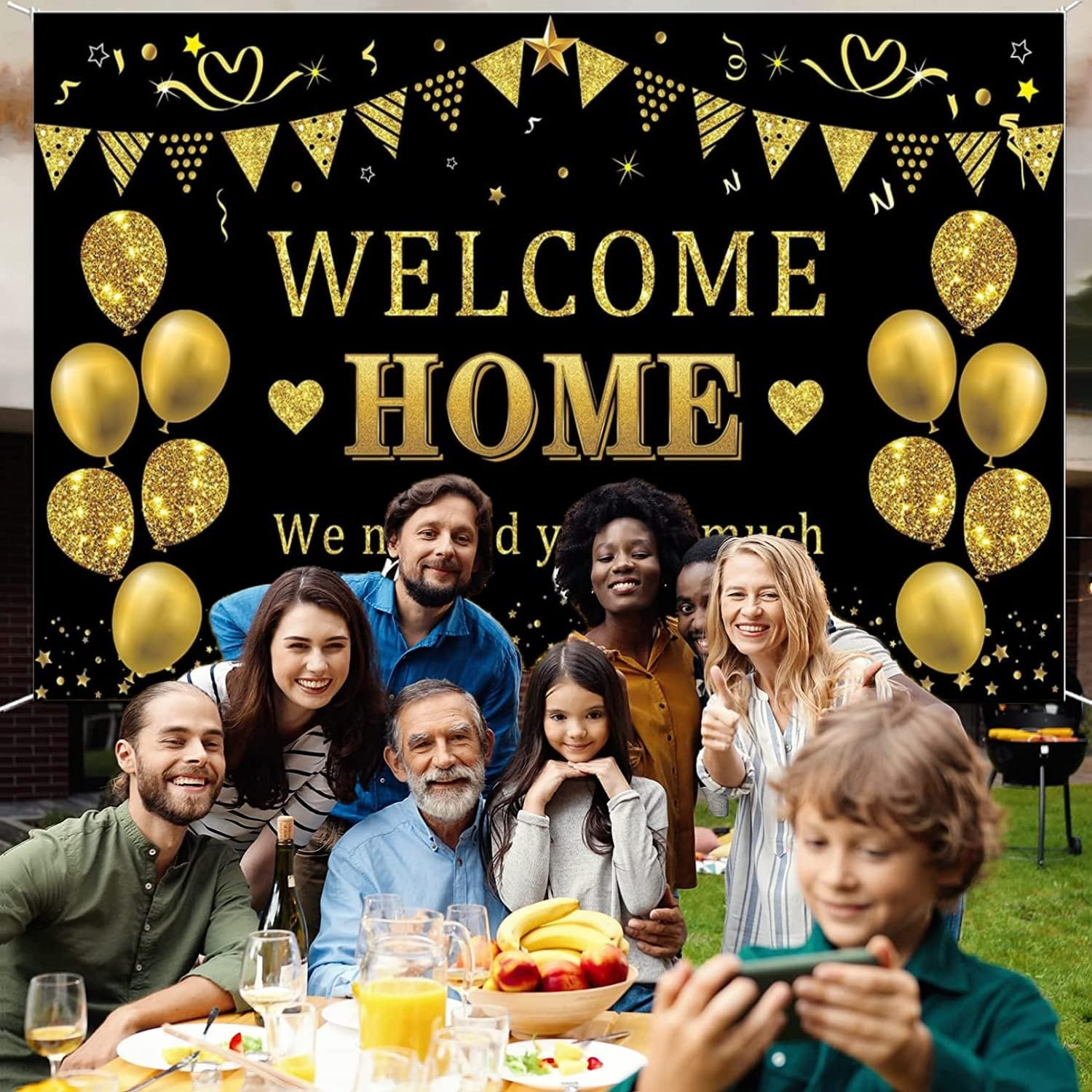 Yuanbigtai Welcome Home Banner Decorations, Black Gold Welcome Home Backdrop, We Missed You so Much Party Decor, Family Reunion Patriotic Military Homecoming Returning Party Supplies 70.8 X 43.3 Inch image number 4