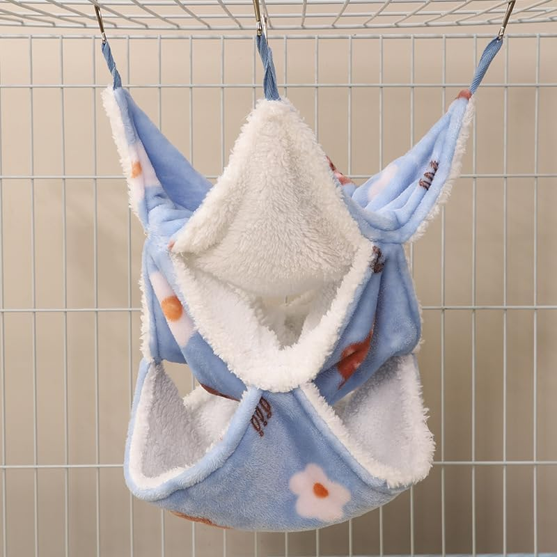Small Animals Warm Plush Triple Bunkbed Cage Hanging Hammock Bed Hideout for Glider Ferret Squirrel Pet Hammock (Blue, S)