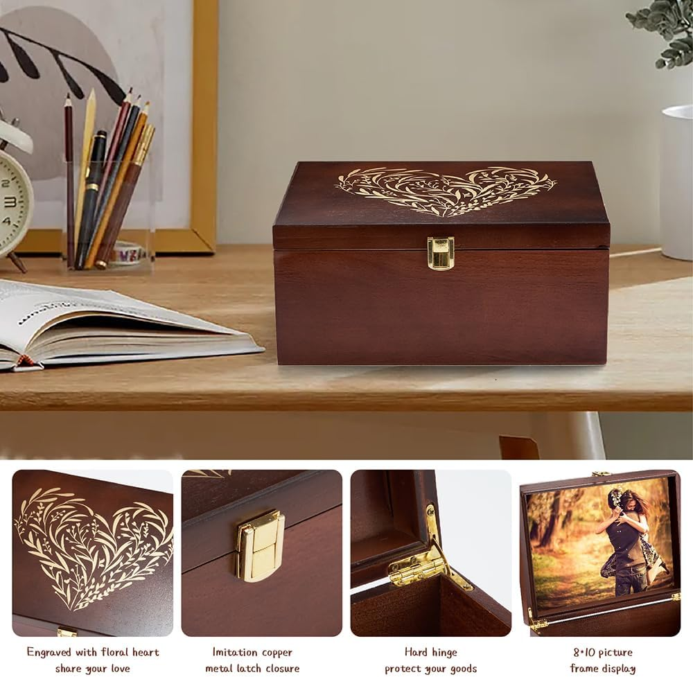 Larger Wooden Memory Keepsake Boxes with Hinged Lids and a Photo Frame inside the Lid - Decorative Storage Box with a Hinge Lids for Picture Letter Time Capsule - Wooden Gift Boxes，5.3&ldquo;*8.6&rdquo;*11.7&ldquo; image number 5