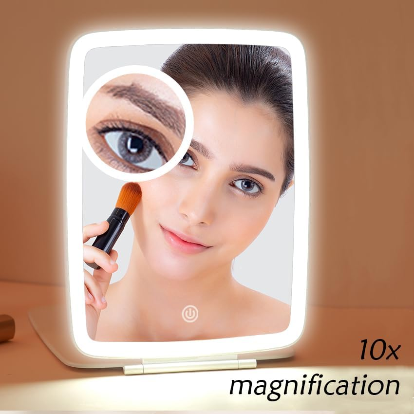 Vrhere Mirrim Rechargeable Travel Makeup Mirror with 10X Magnifying Mirror, Big Size 10 * 7.5 Inch, Portable Lighted Beauty Mirror with 3 Color Lights, Vanity Mirror with 72 LED Lights, Touch Dimming