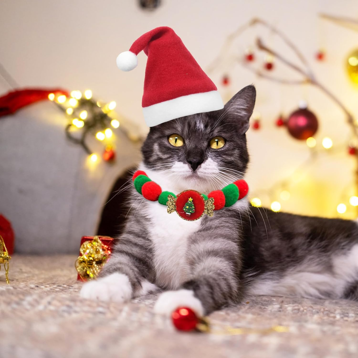 Pack of 4 Christmas Costume for Cats, Christmas Hat Cat, Cat Clothing, Pet Costume Christmas Collar Cat Santa Hat Christmas Costume Gift for Cats Dogs Puppies image number 3