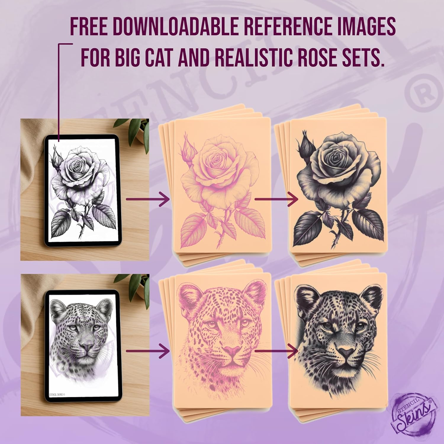 Stencil Skins Pre Printed Tattoo Stencils Skin for Practice Set of 5 Feline Designs, 3Mm Silicone Fake Skin Tattoo Second Skin, Practice Shading, Line Work Realistic Big Cat Set image number 1