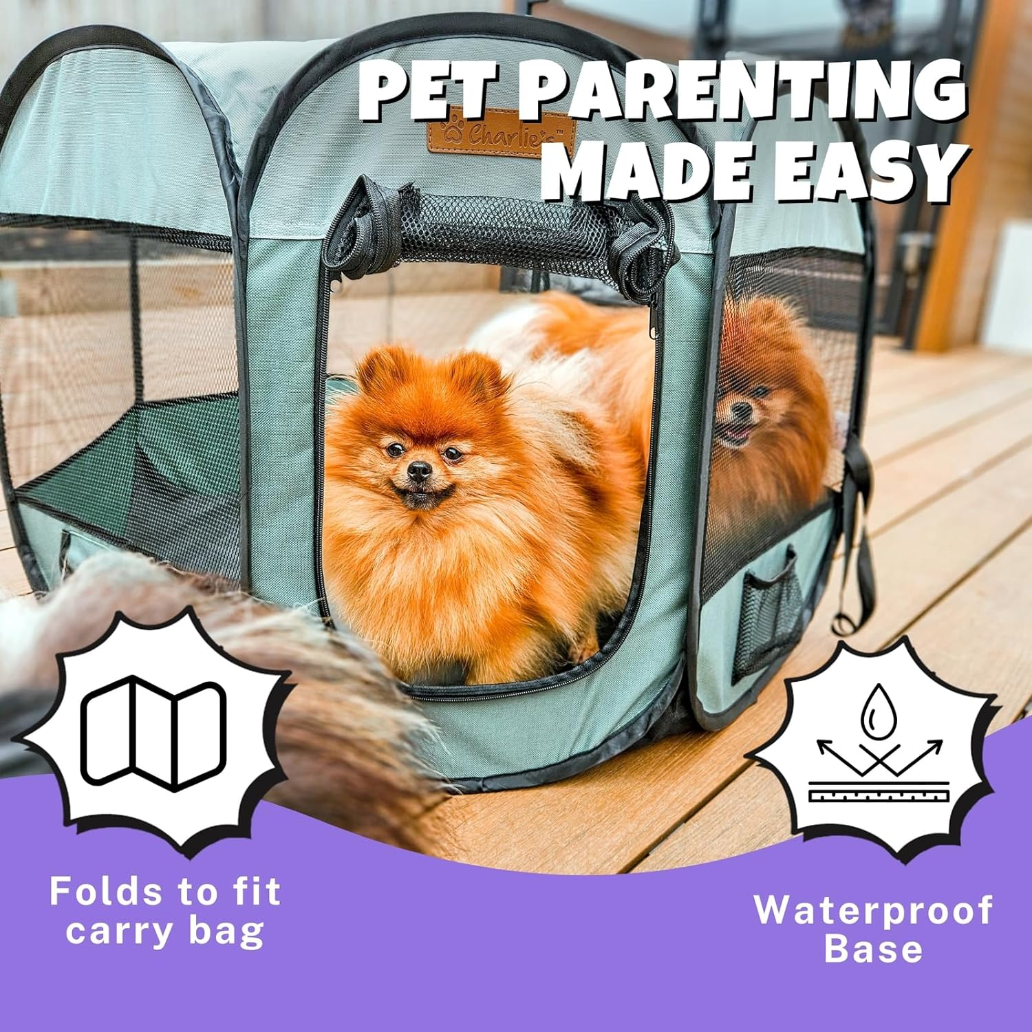 Charlie'S Adventure Indoor Outdoor Waterproof Pet Playpen Foldable Portable Travel-Friendly Dog Cat Crate Tent Accessories Compartment Removable Top Panels - Sage, Small image number 3