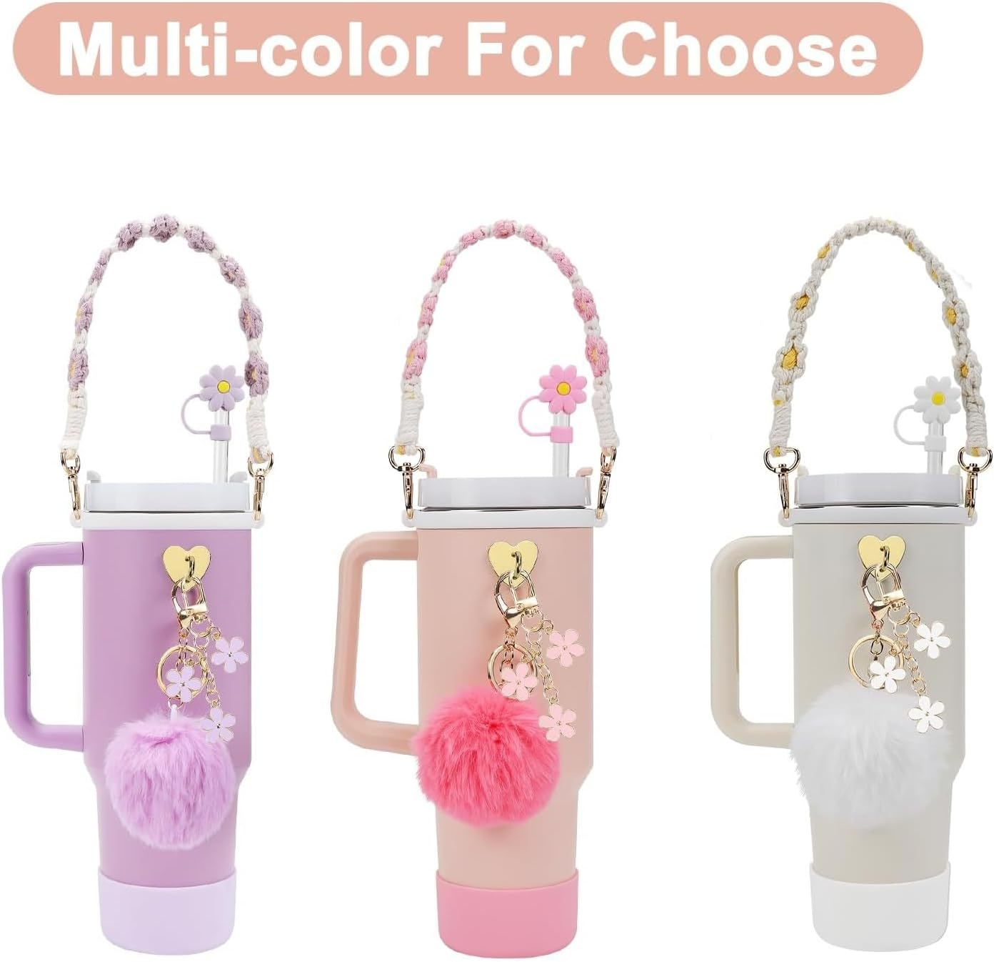 Stanley Cup Accessories Set, Siliocne Stanley Cup Boot, Stanley Charms Silicone Reusable Cup Accessories Includes Siliocne Cup Boot Straw Cover Pompom Ball Daisy Key Chain Heart Hook (Purple) - White image number 4