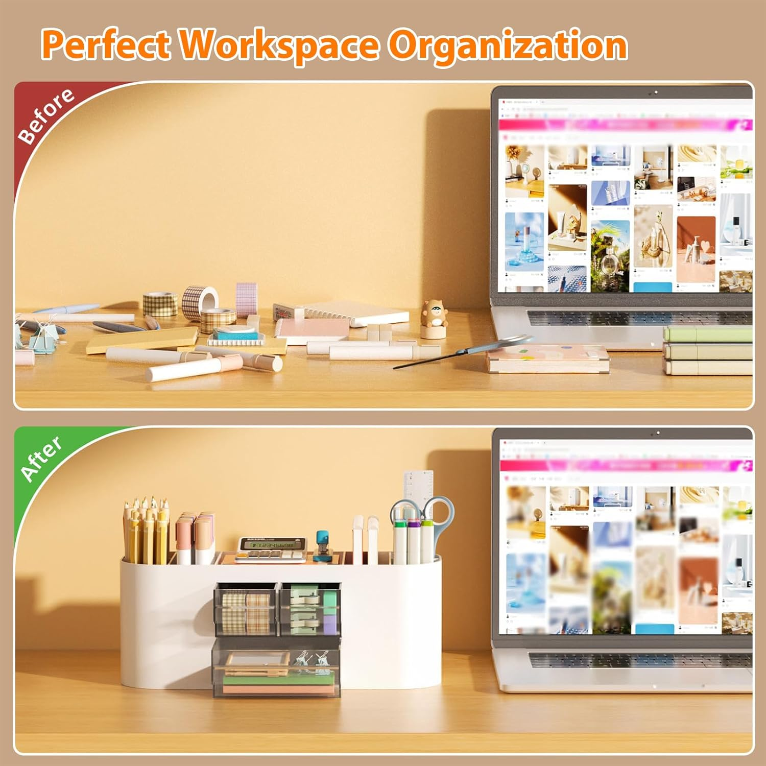 Pen Organizer with 3 Drawer, Desk Organizer, Plastic Desktop Pen Pencil Cardholder Storage Box for Desk, Cute Desk Accessories image number 5