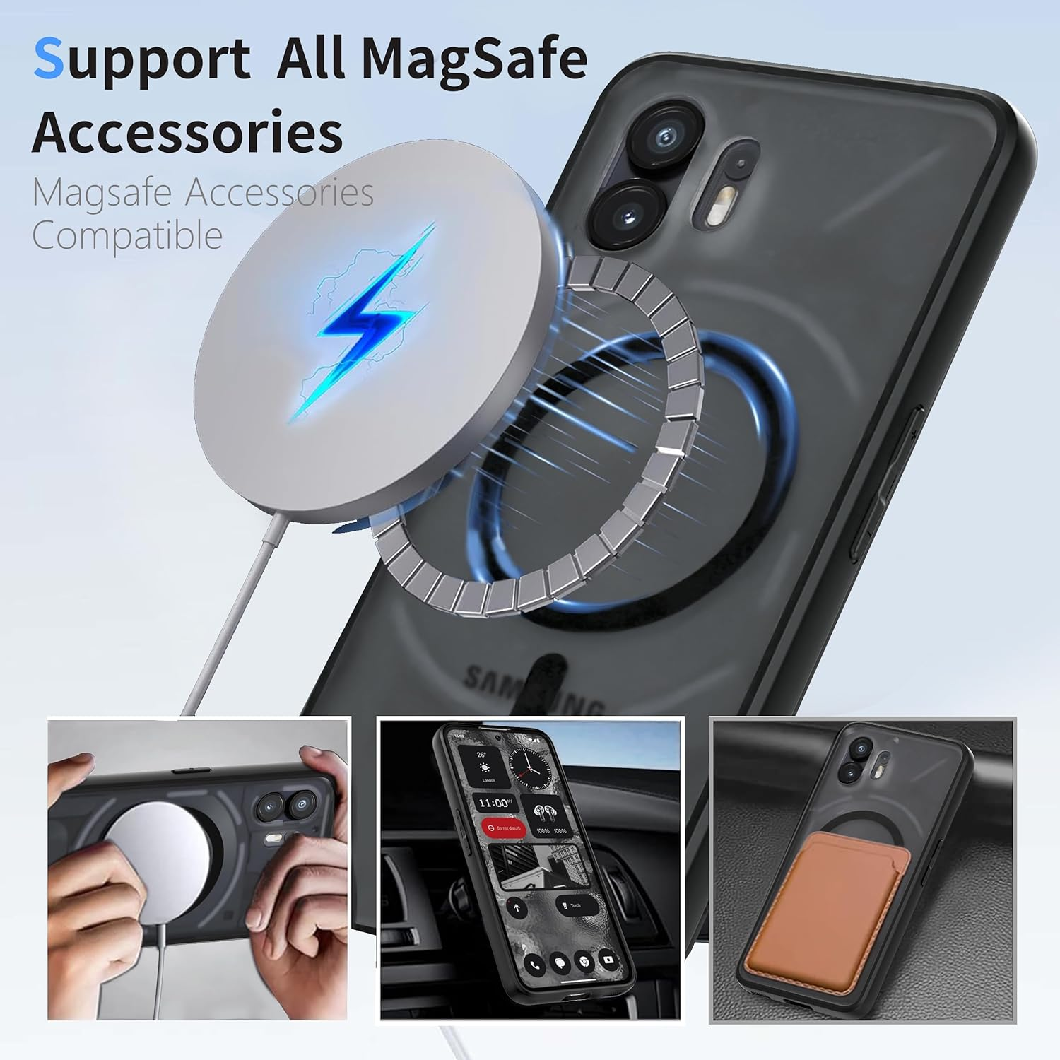 AOMYKE for Nothing Phone (2) Magnetic Mobile Phone Case for Nothing Phone (2) [Compatible with Magsafe] Translucent Matte Anti-Fingerprint Scratch-Resistant PC Back + TPU Bumper, Black image number 4