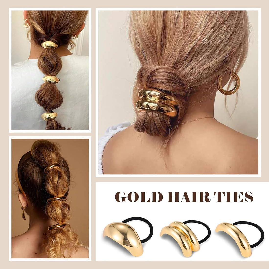 Pack of 6 Hair Accessories Gold, Metal Hair Cuffs, Elastic, Hair Clip Gold for Ponytail, Hair Accessory for Women and Girls image number 5
