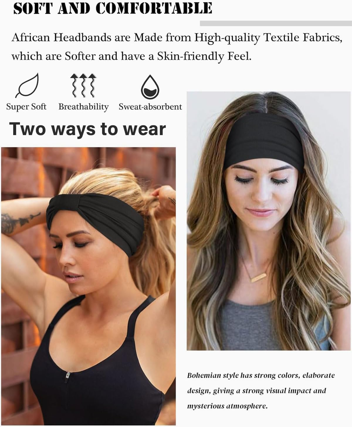 FUGLUS 4 Pieces Fashion Headbands for Women, Elastic Soft Headbands, Extra Wide Hair Bands, Headband, Multicoloured Head Wrap for Everyday Yoga, Sports, Fitness, Cosmetics, Boho Hair Accessories image number 2