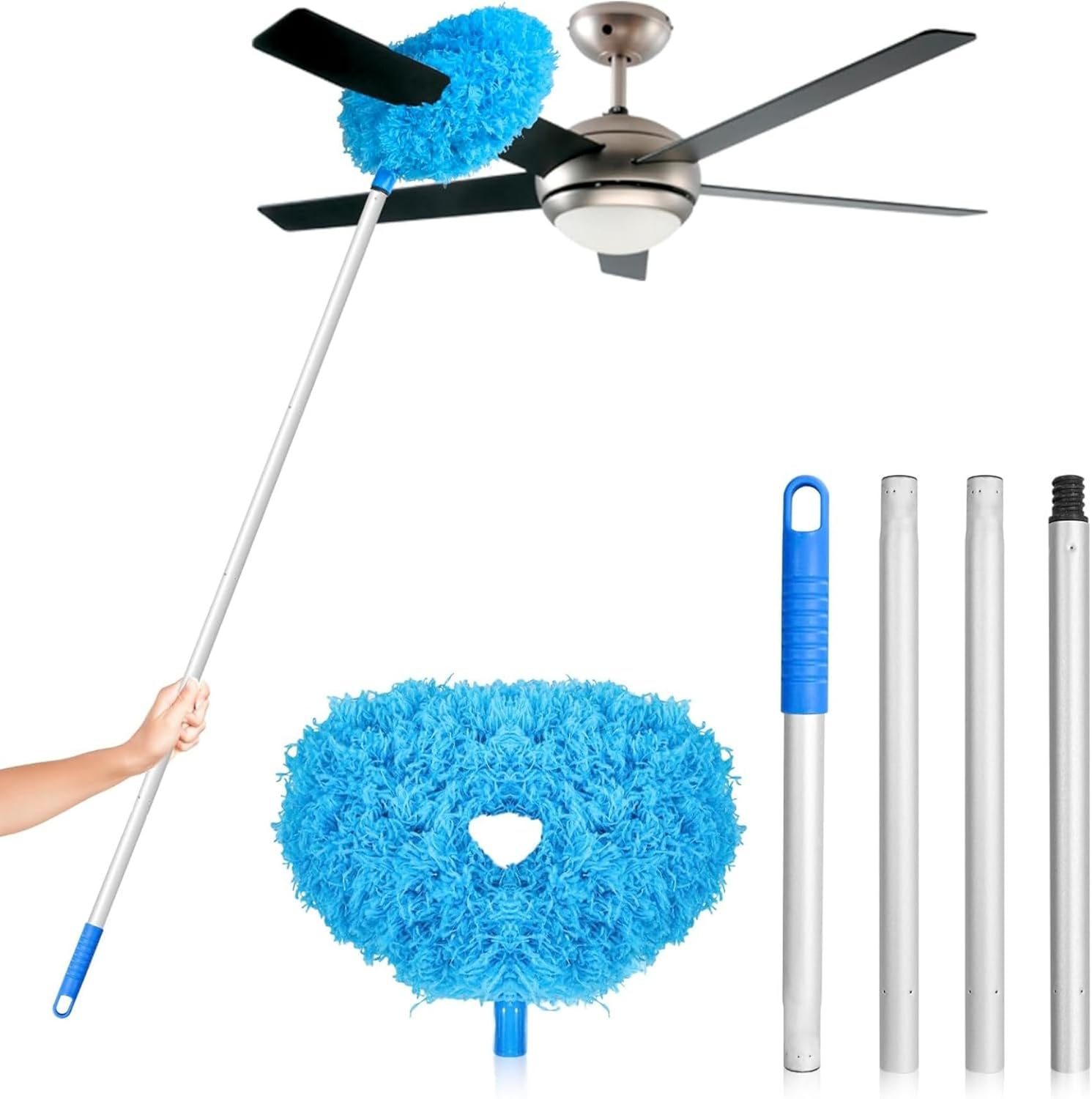 High Ceiling Fan Blade Cleaner Duster Cleaning Long Pole Extension Microfiber Feather Brush Window Blind Wall Cobweb Dust Extendable Handle Tool Washable Telescopic Web Maid Mop Telescoping Extended image number 2