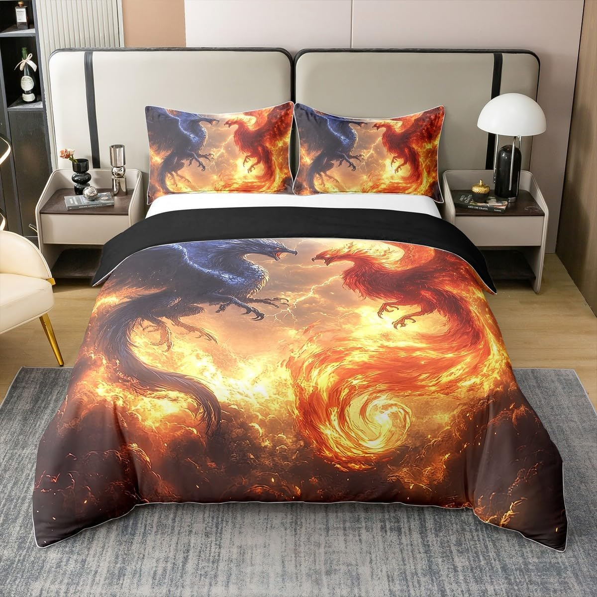 Fantasy Dragon 100% Cotton Bed Linen Set, Oil Painting Phoenix Duvet Cover 135 X 200 Cm for Children, Teens, Adults, Couple Lovers Bed Set, Lightening Dragon Duvet Cover with 1 Pillowcase for Bedroom image number 2