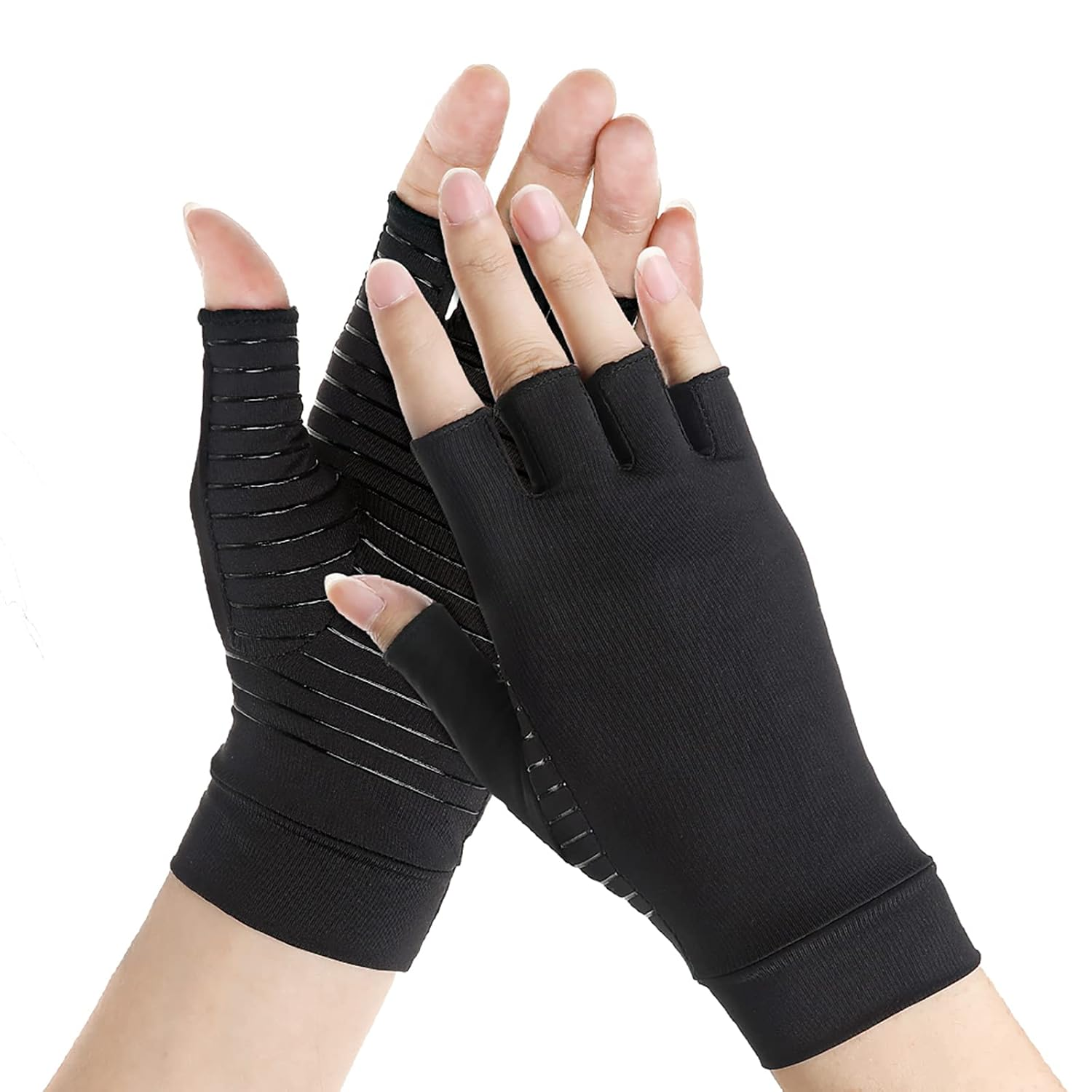 Mokigol Copper Arthritis Gloves, Copper Infused Fingerless Glove for Arthritis Pain to Alleviate Carpal Tunnel, Rheumatoid, Tendonitis, Computer Typing and Daily Work Fits Women & Men, Black, Medium image number 4